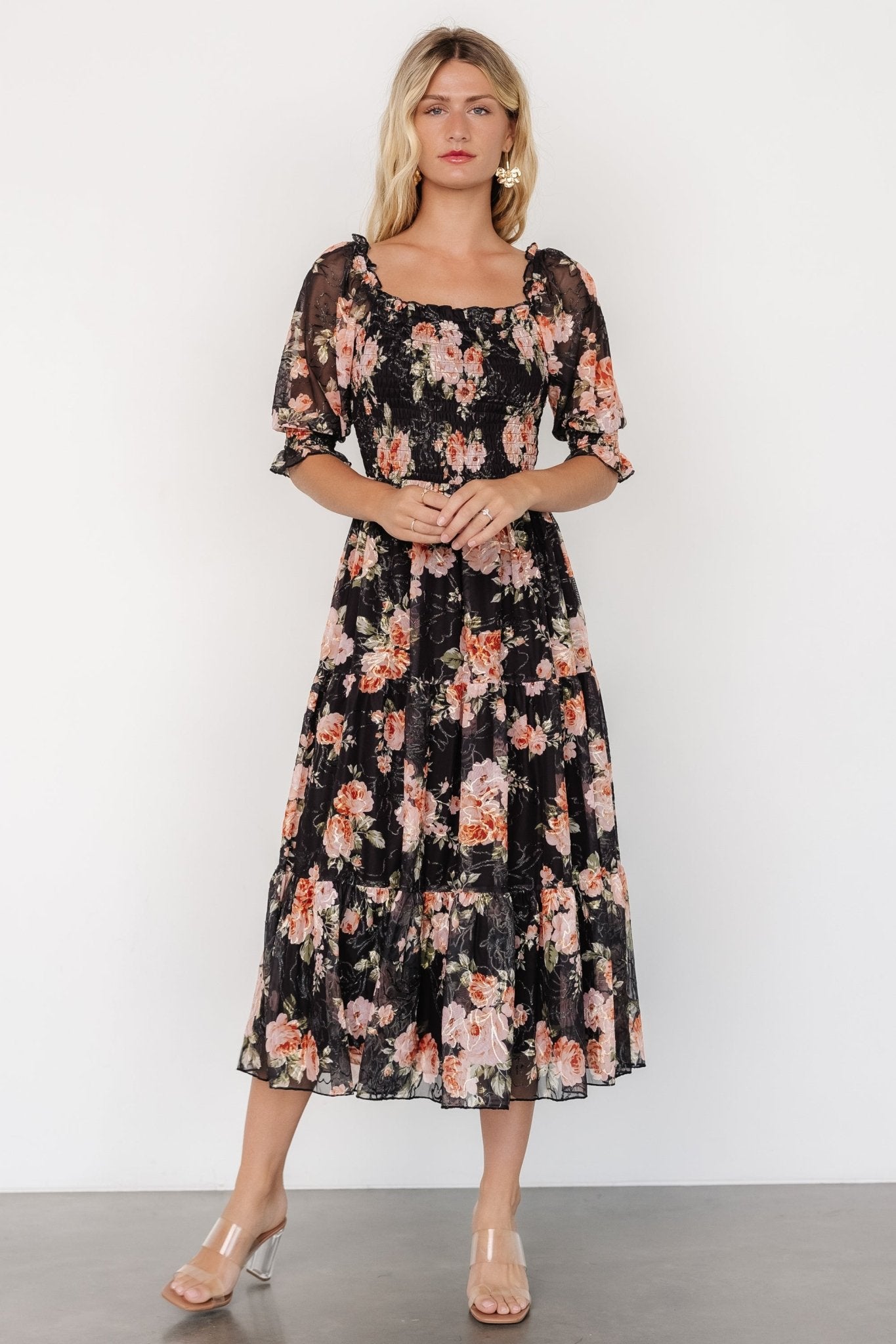 Fabian Jacquard Midi Dress | Peach + Black Floral 2025 Cheap Pice