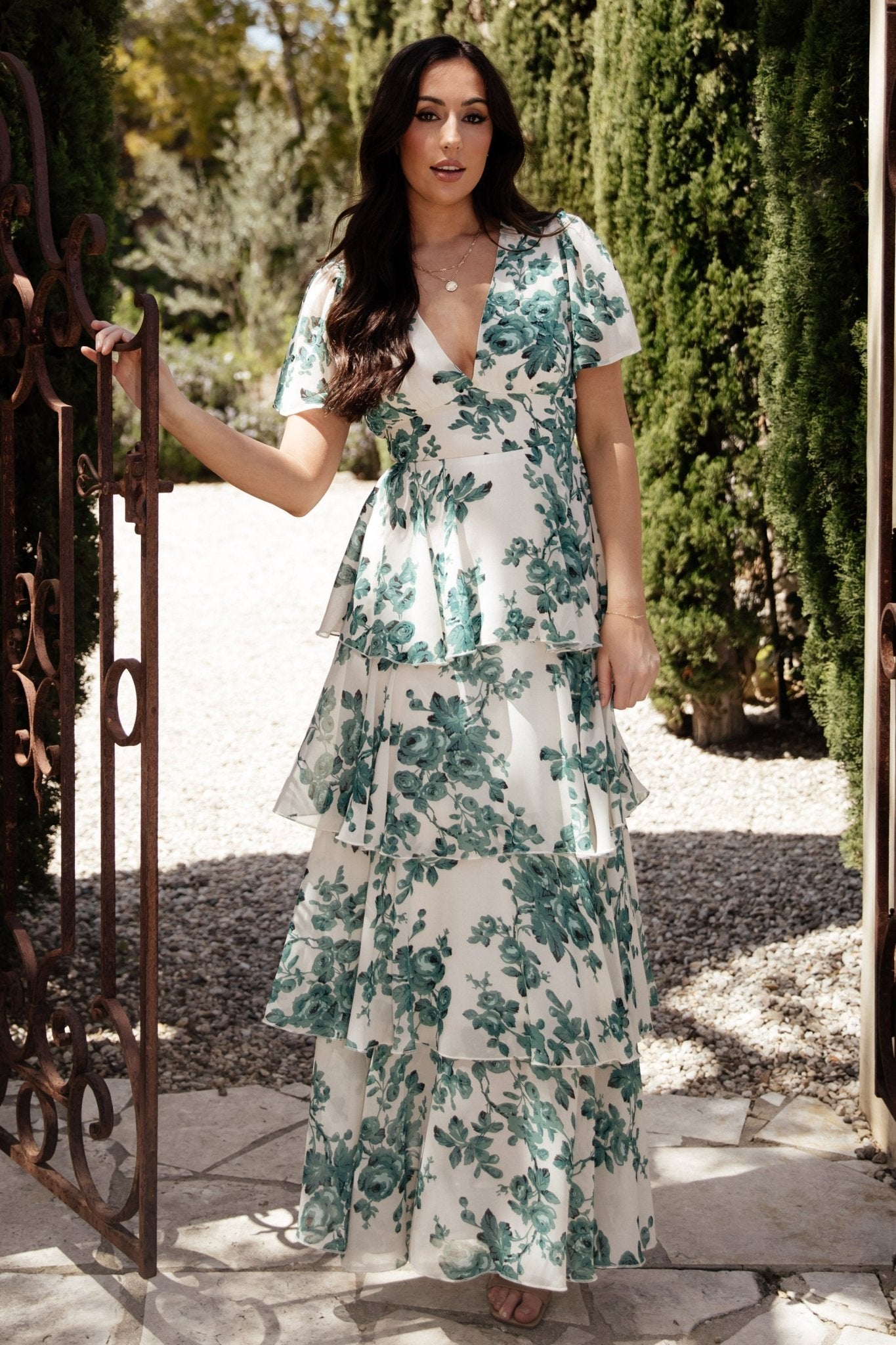 Montaigne Ruffle Maxi Dress | Ivory + Green Floral Cost For Sale