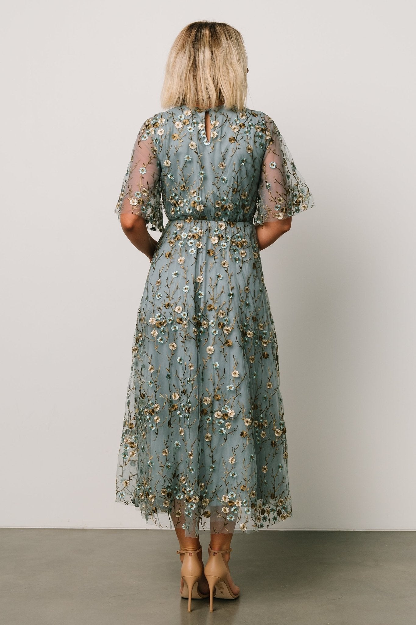 Arabella Embroidered Tulle Maxi Dress | Dusty Blue Floral Outlet Explore