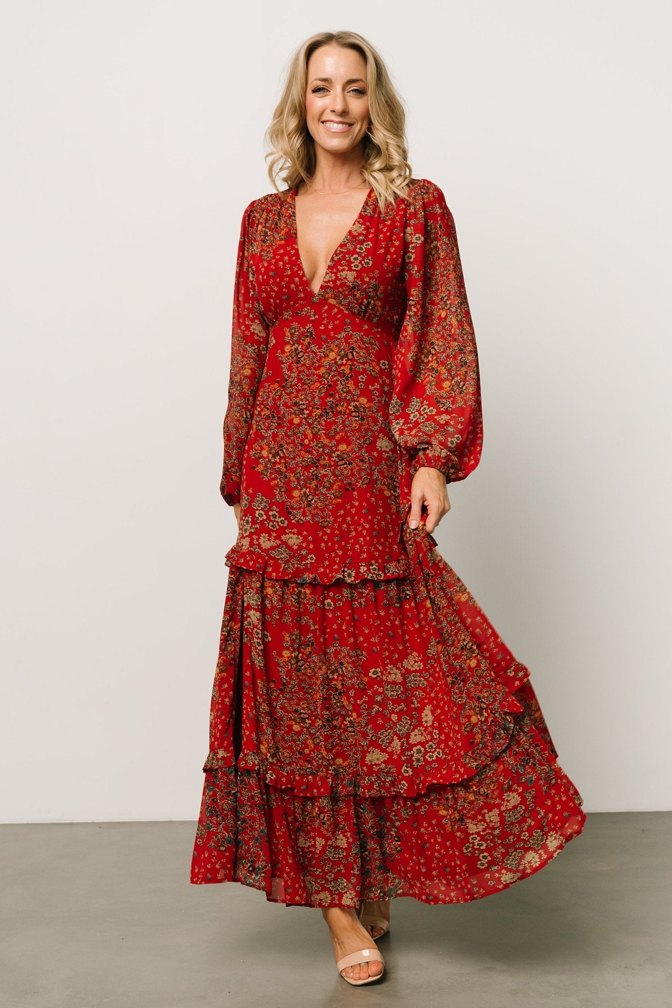 Bowman Deep V Maxi Dress | Red Multi Outlet Reliable