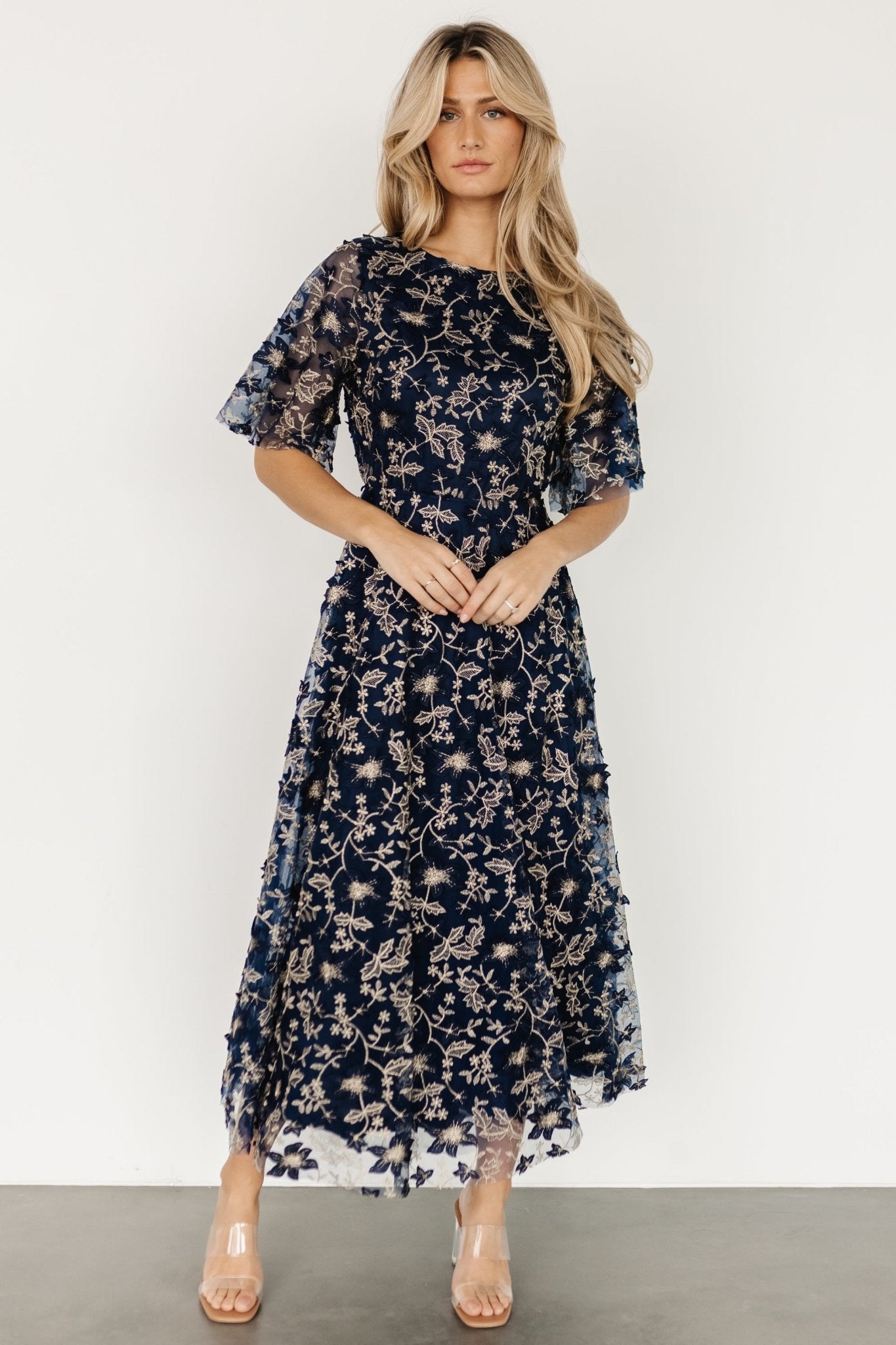 Arabella Embroidered Tulle Maxi Dress | Navy + Gold Free Shipping Browse