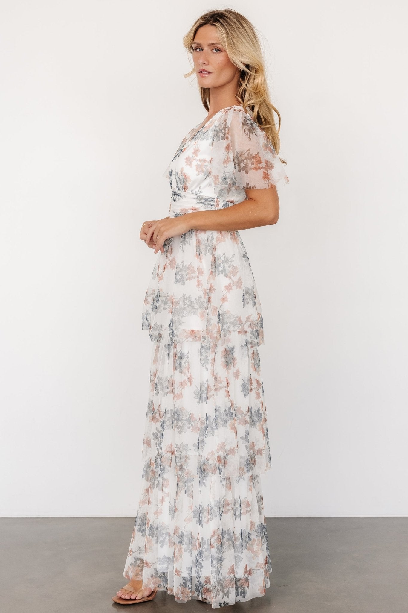 Elinor Tiered Tulle Dress | Off White + Peach Floral Store Sale Online