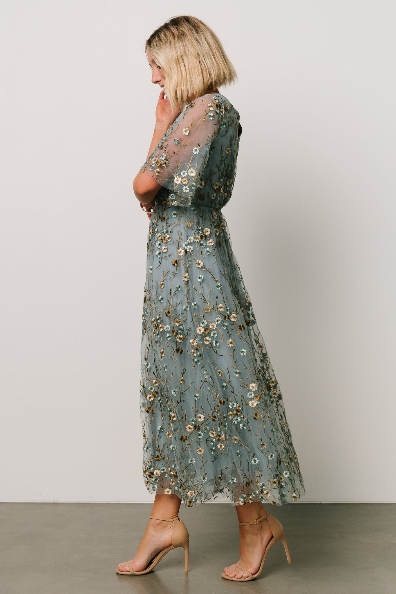 Arabella Embroidered Tulle Maxi Dress | Dusty Blue Floral Outlet Explore