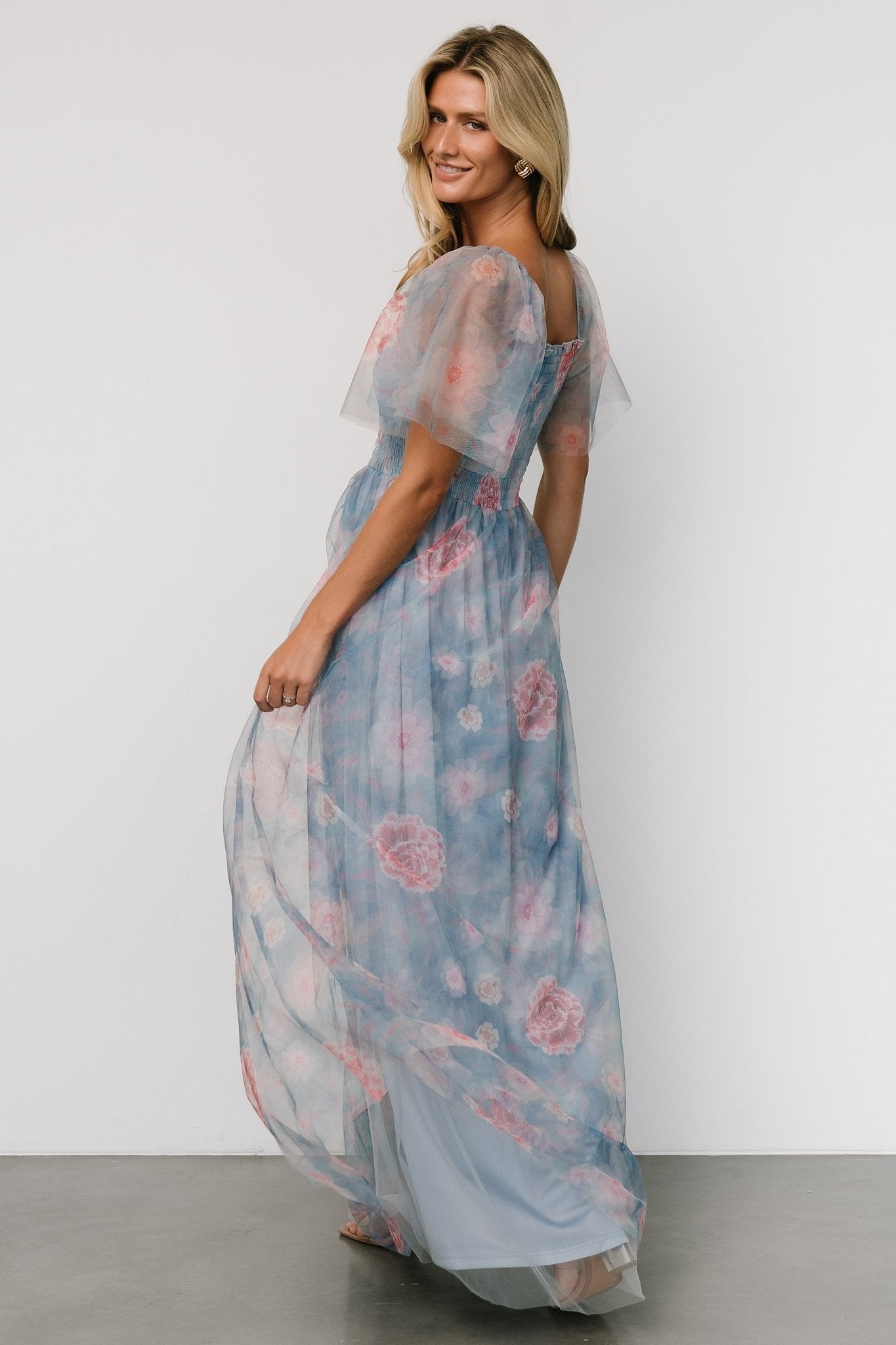 Cassandra Tulle Maxi Dress | Light Blue + Pink Floral 100% Authentic Sale Online