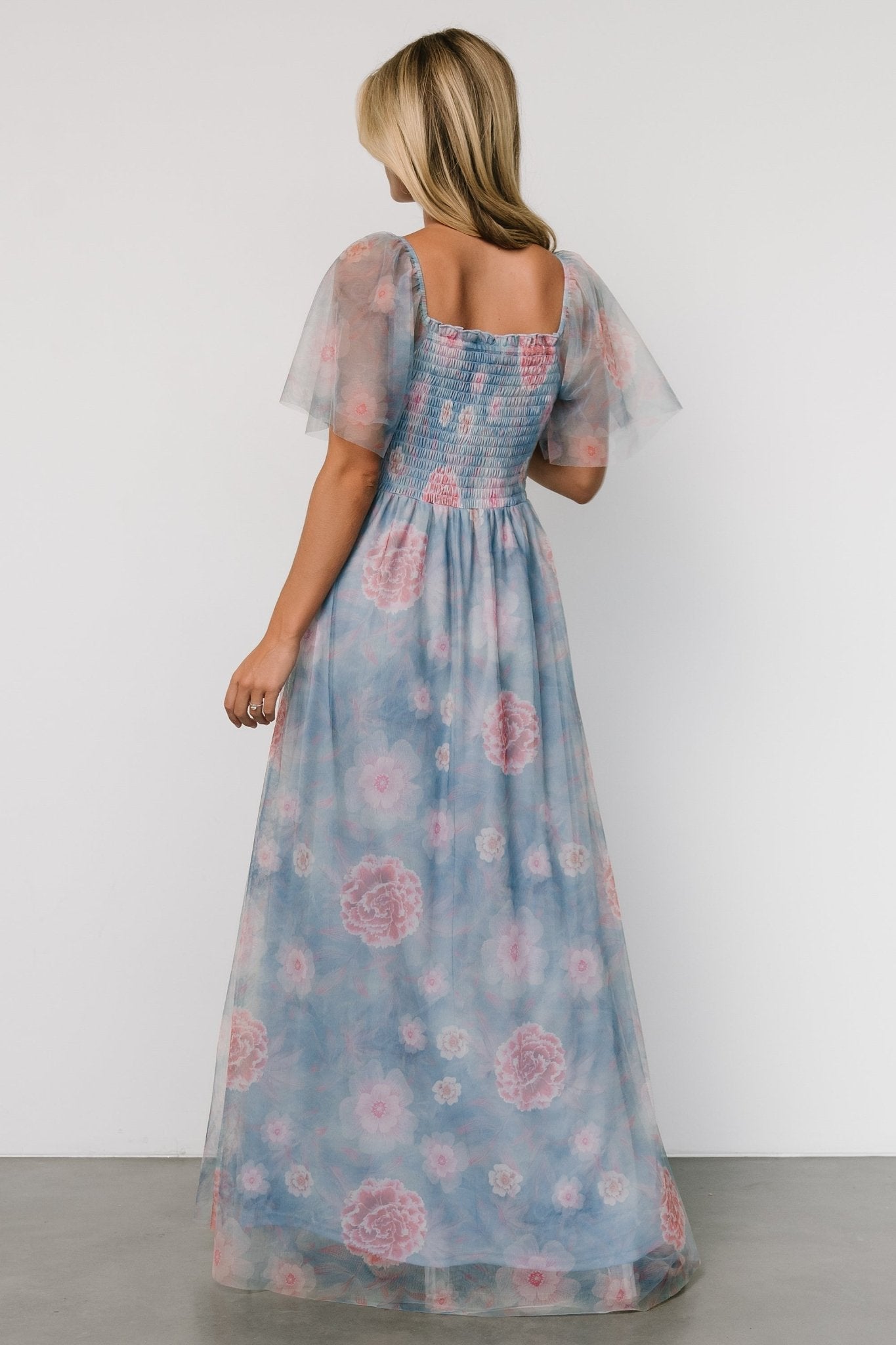 Cassandra Tulle Maxi Dress | Light Blue + Pink Floral 100% Authentic Sale Online