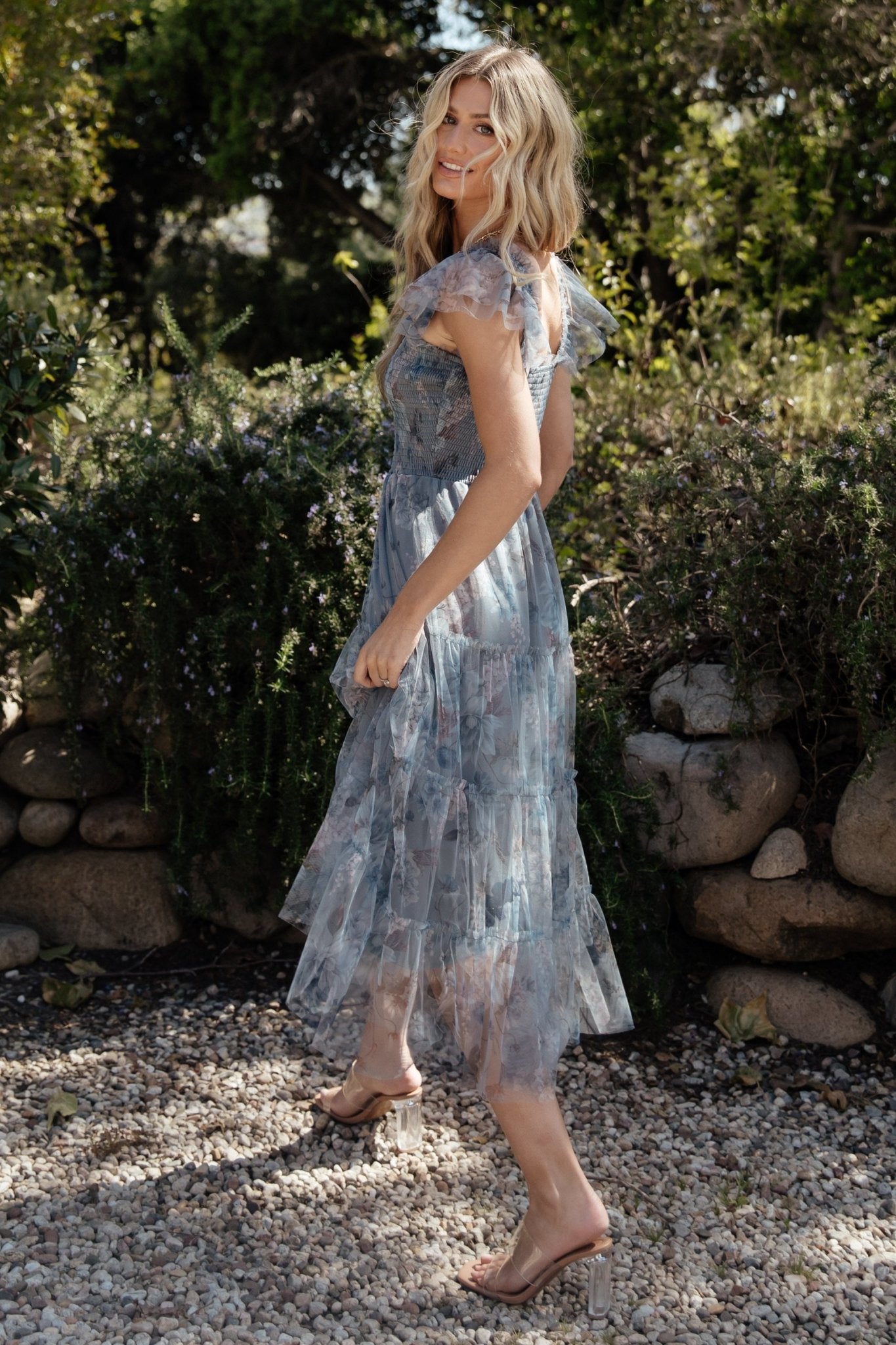 Clementine Tulle Midi Dress | Dusty Blue Floral Clearance With Mastercard