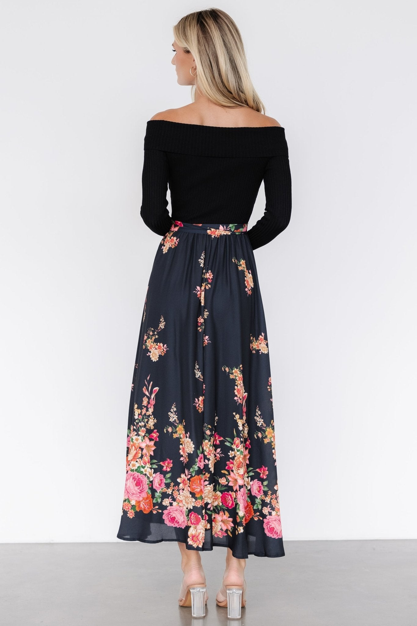 Qadira Off Shoulder Dress | Black + Multi Floral Comfortable