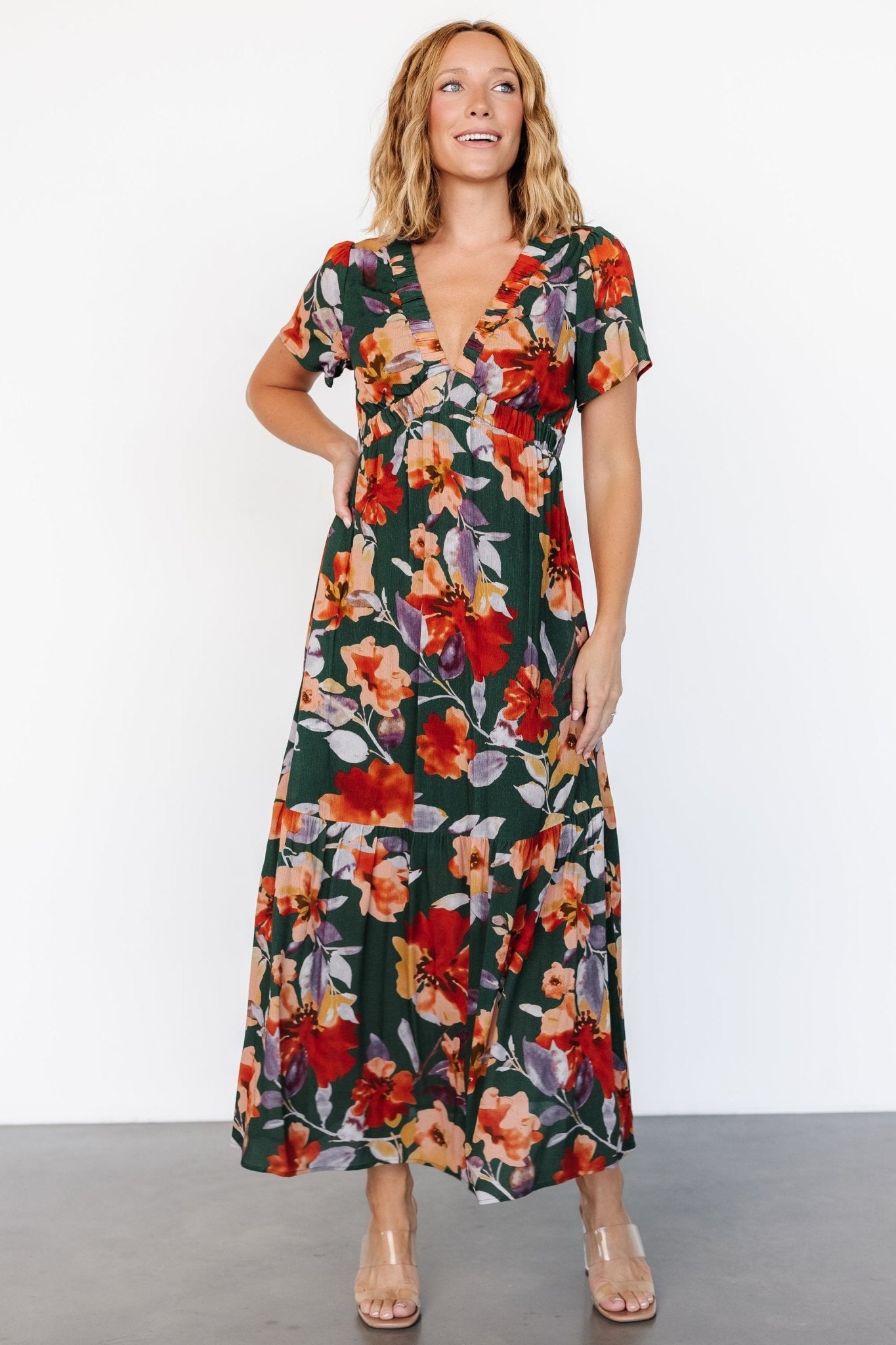 Cassie Short Sleeve Dress | Dark Green Floral Cheap Finishline