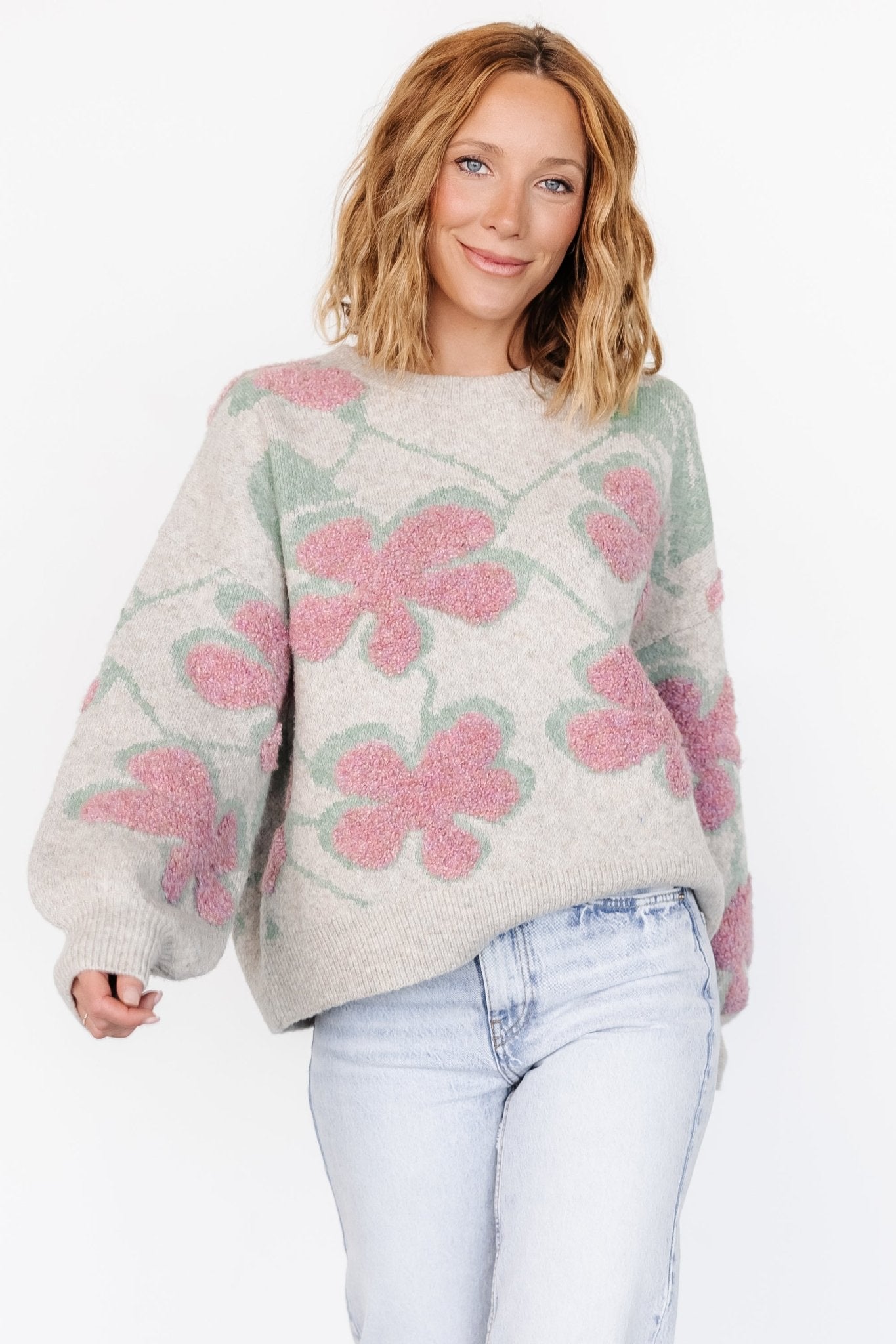 Lisbeth Flower Sweater | Green + Pink Shop For Sale