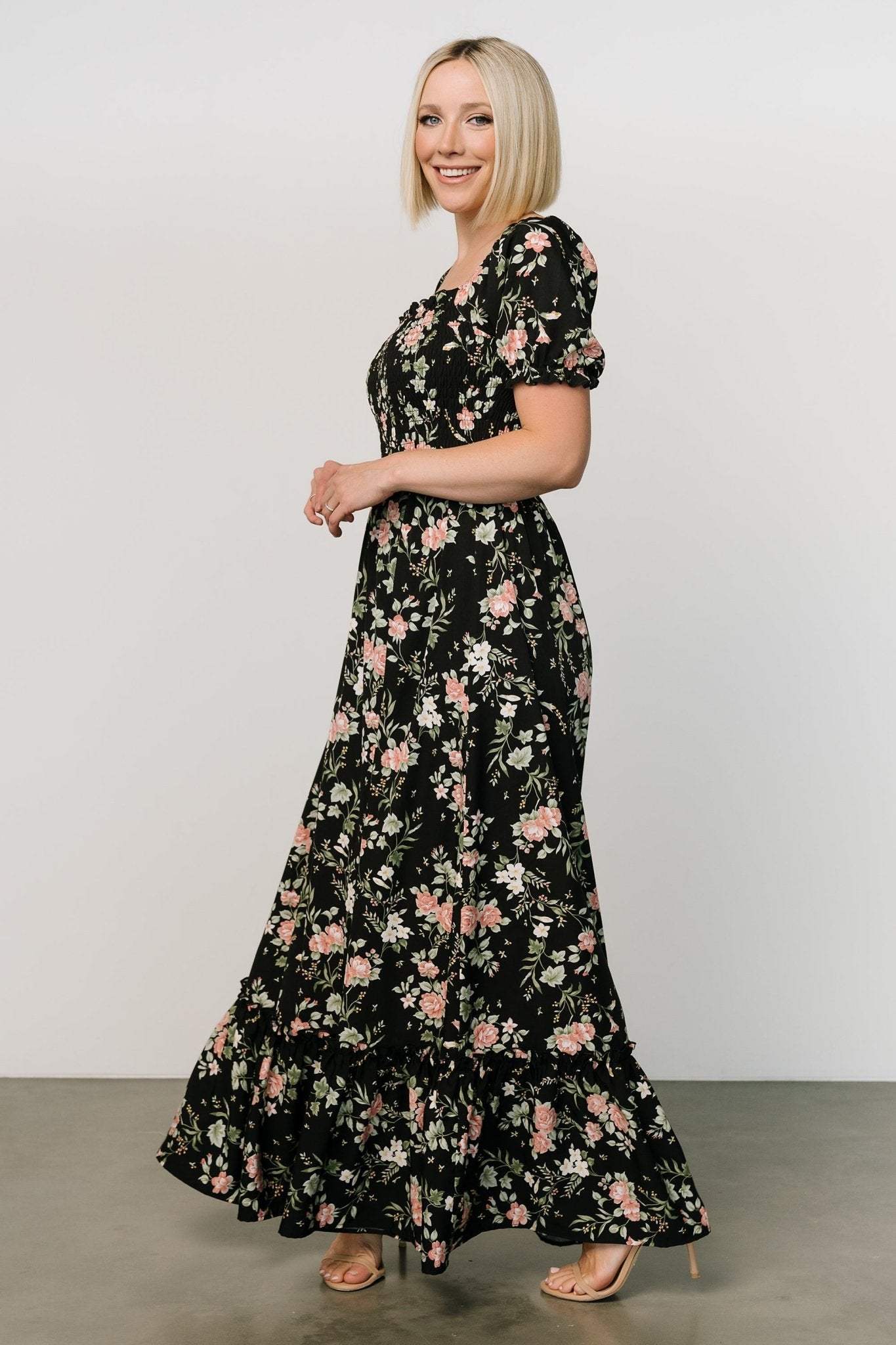 Capri Smocked Maxi Dress | Black Garden Floral Free Shipping Classic