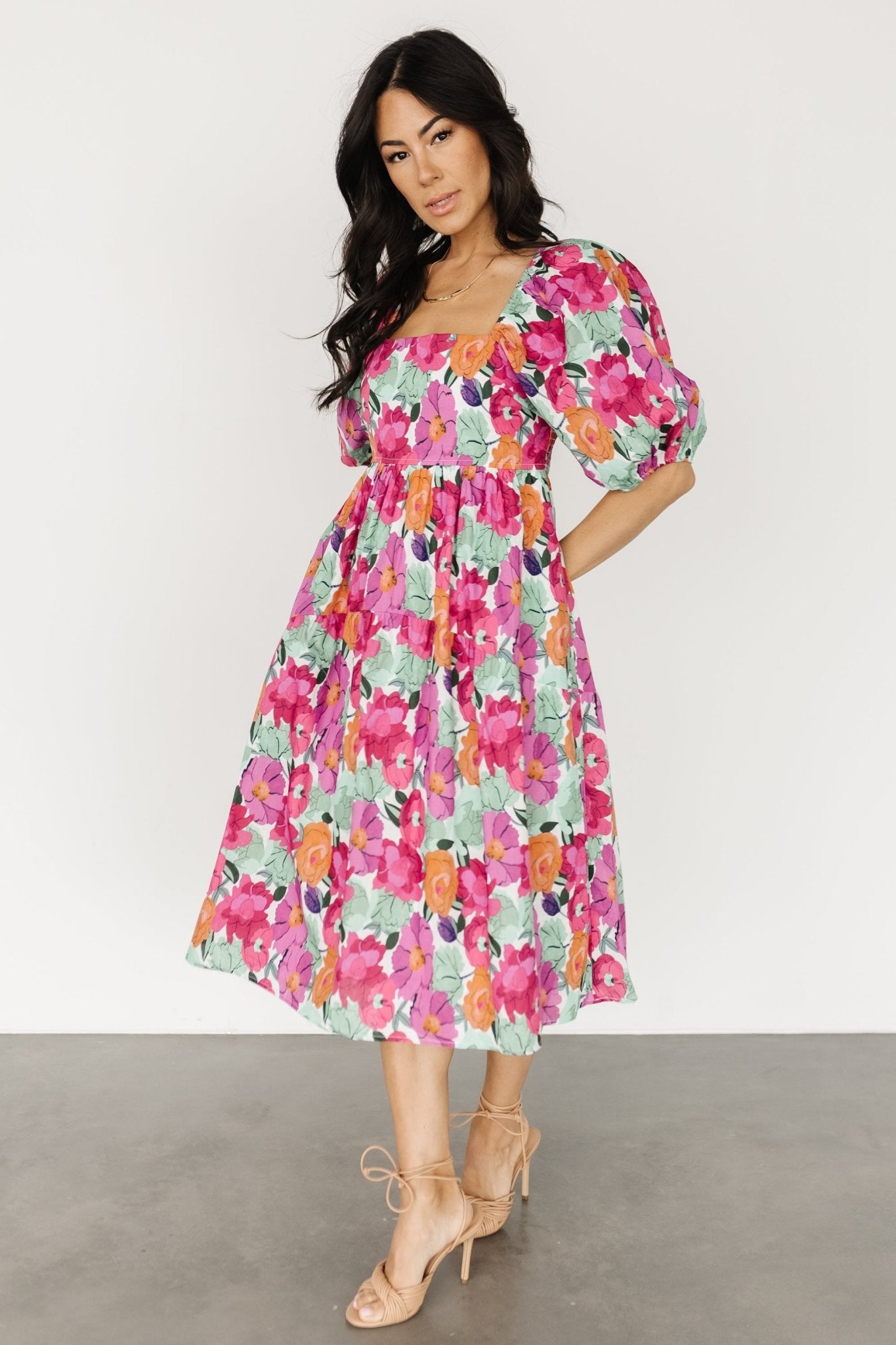 Aimee Puff Sleeve Midi Dress | Pink Multi Cheap Browse