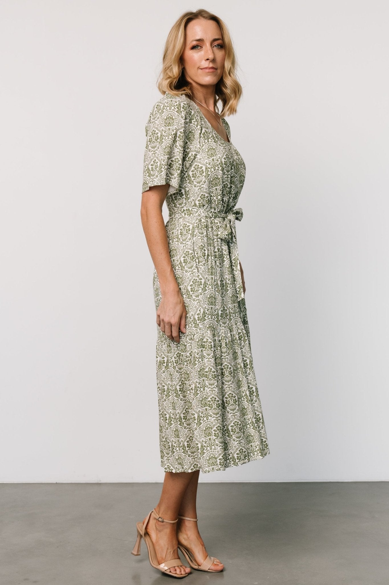 Lyla Midi Dress | White + Olive Print Free Shipping Fashion Style