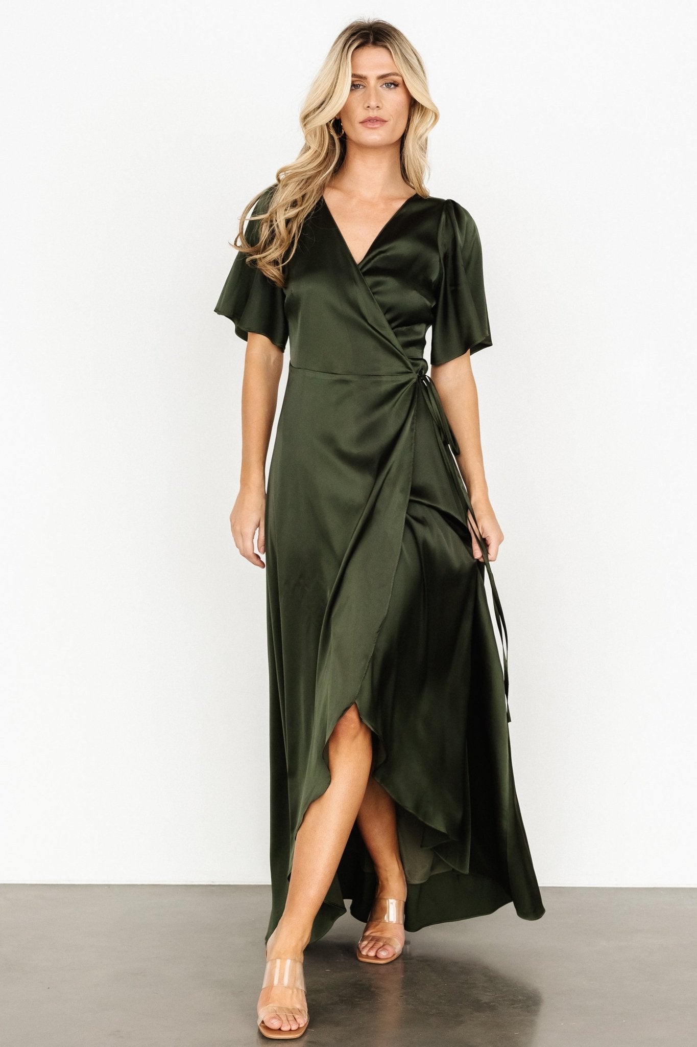 Vara Satin Maxi Wrap Dress | Dark Olive Sale Hot Sale