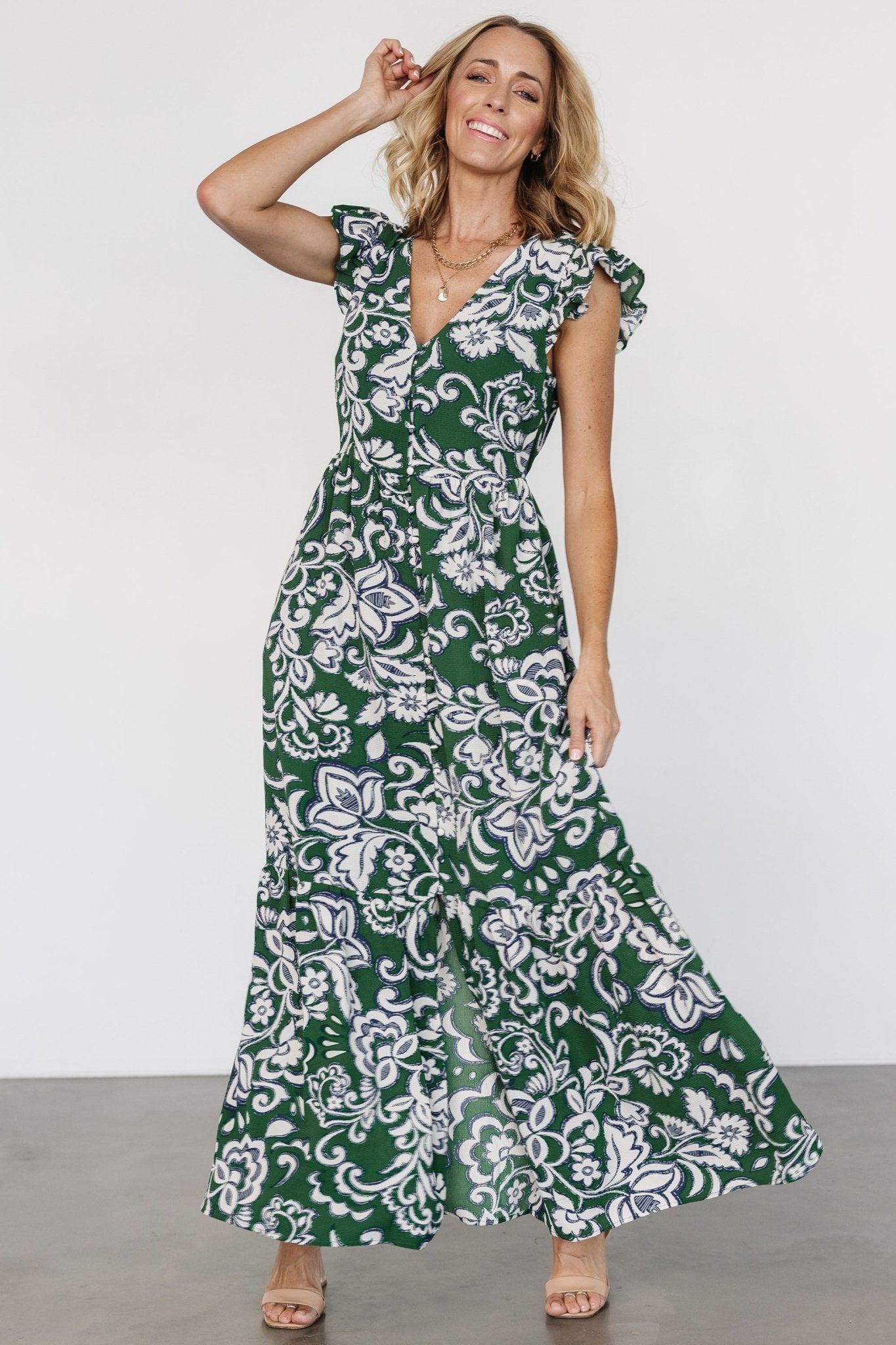 Kaia Button Maxi Dress | Green Print Cheap Sale Footaction