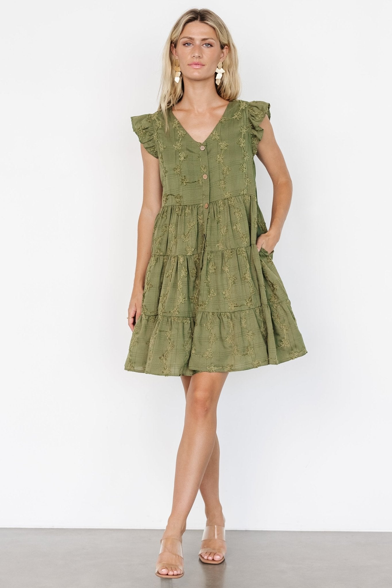 Kayla Button Up Short Dress | Olive Free Shipping Buy