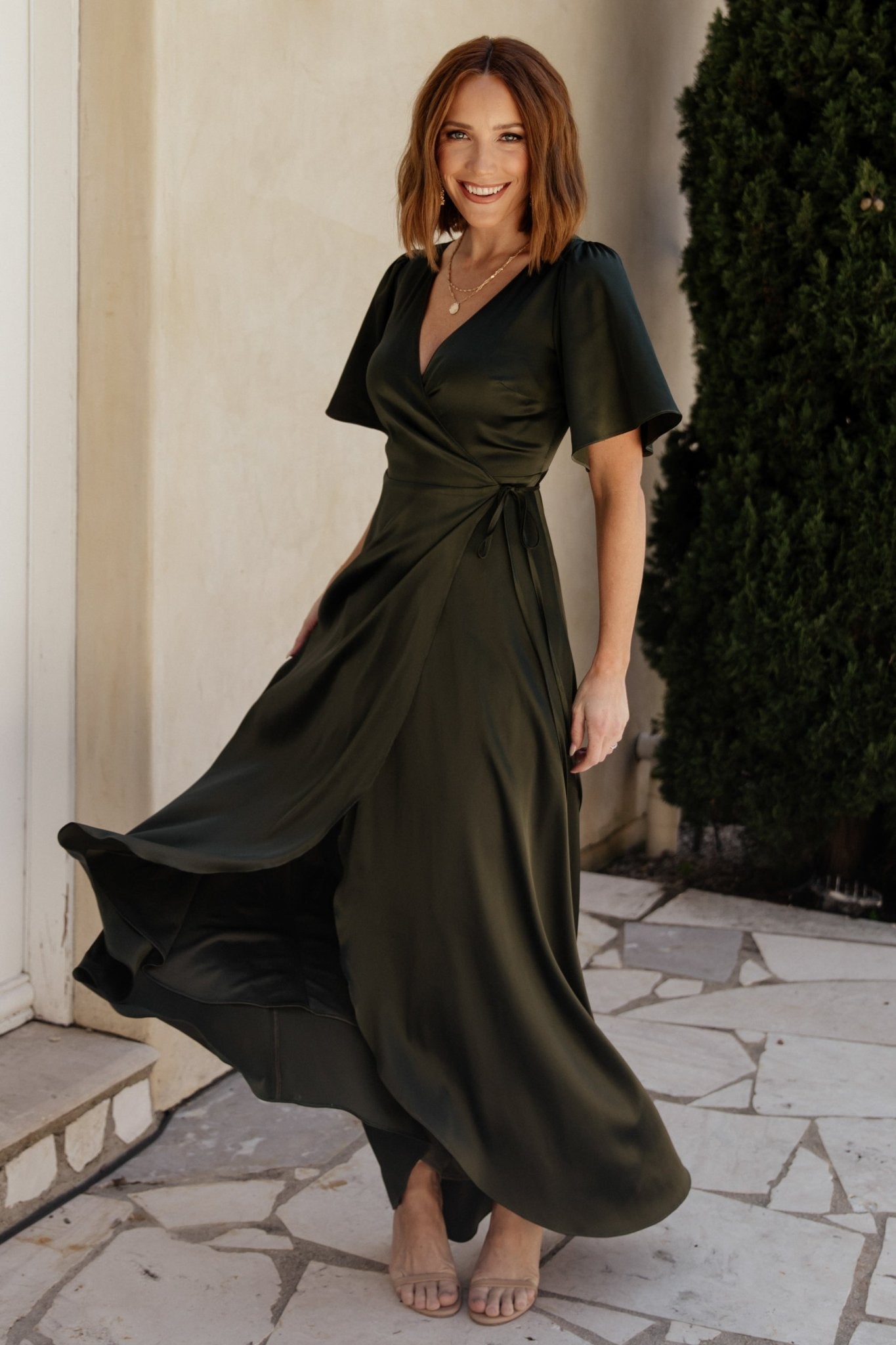 Vara Satin Maxi Wrap Dress | Dark Olive Sale Hot Sale