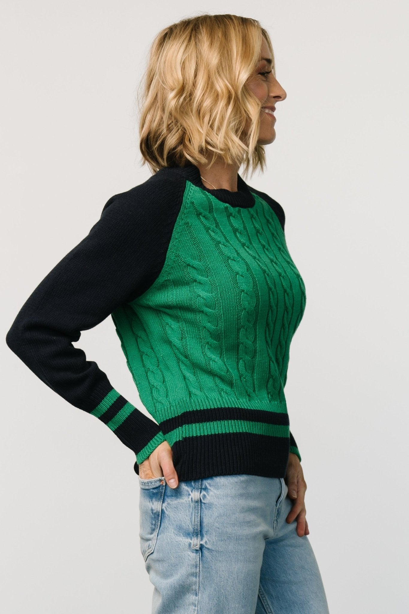 Marsha Cable Knit Sweater | Green + Navy Free Shipping Genuine