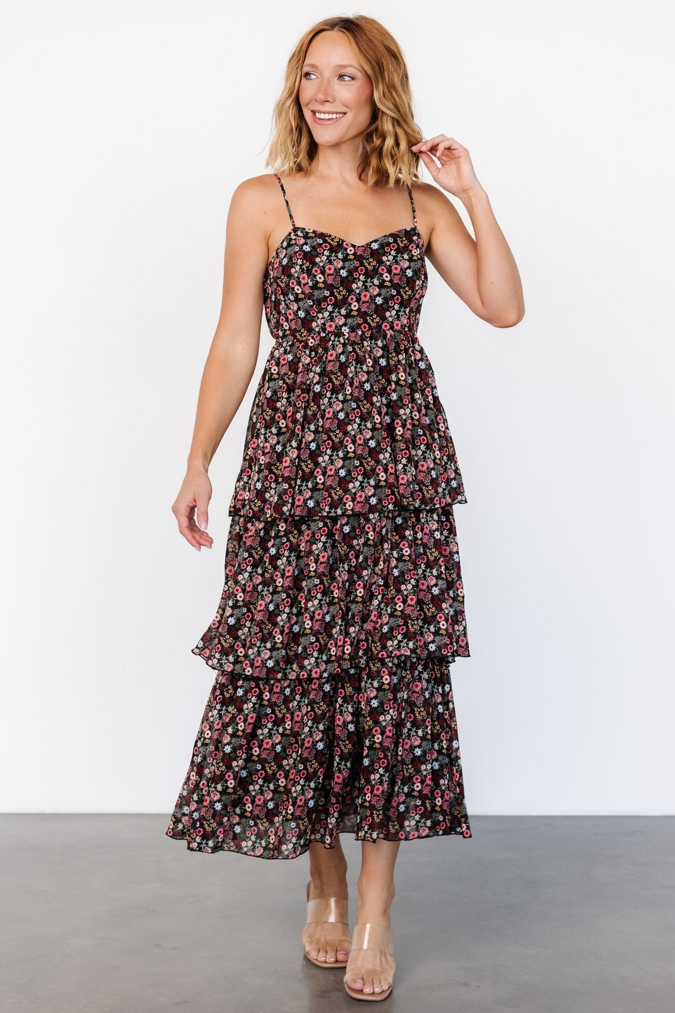 Caprice Tiered Dress | Black Floral Marketable For Sale