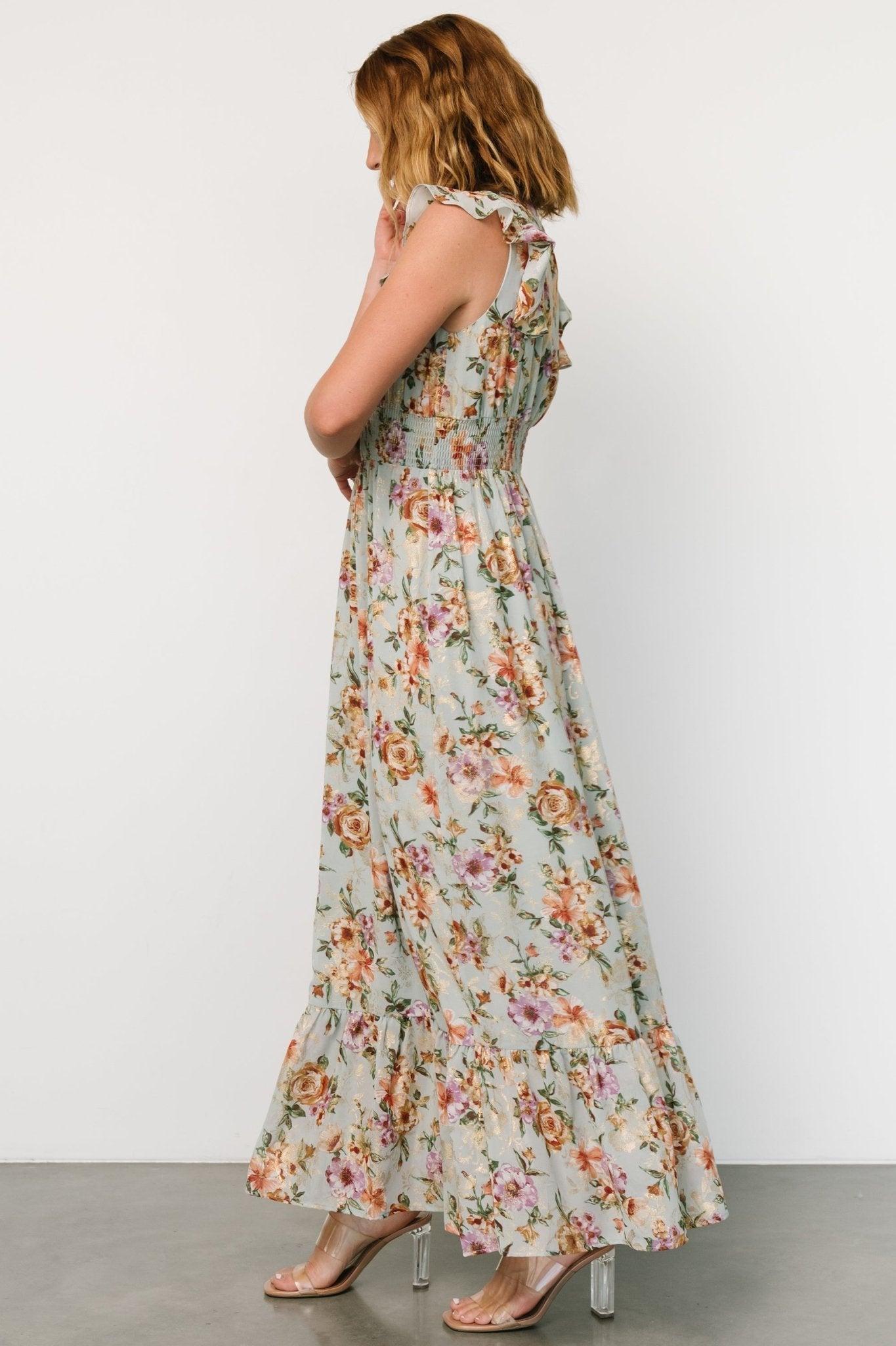 Kearny Ruffle Maxi Dress | Light Blue Floral + Gold Classic For Sale