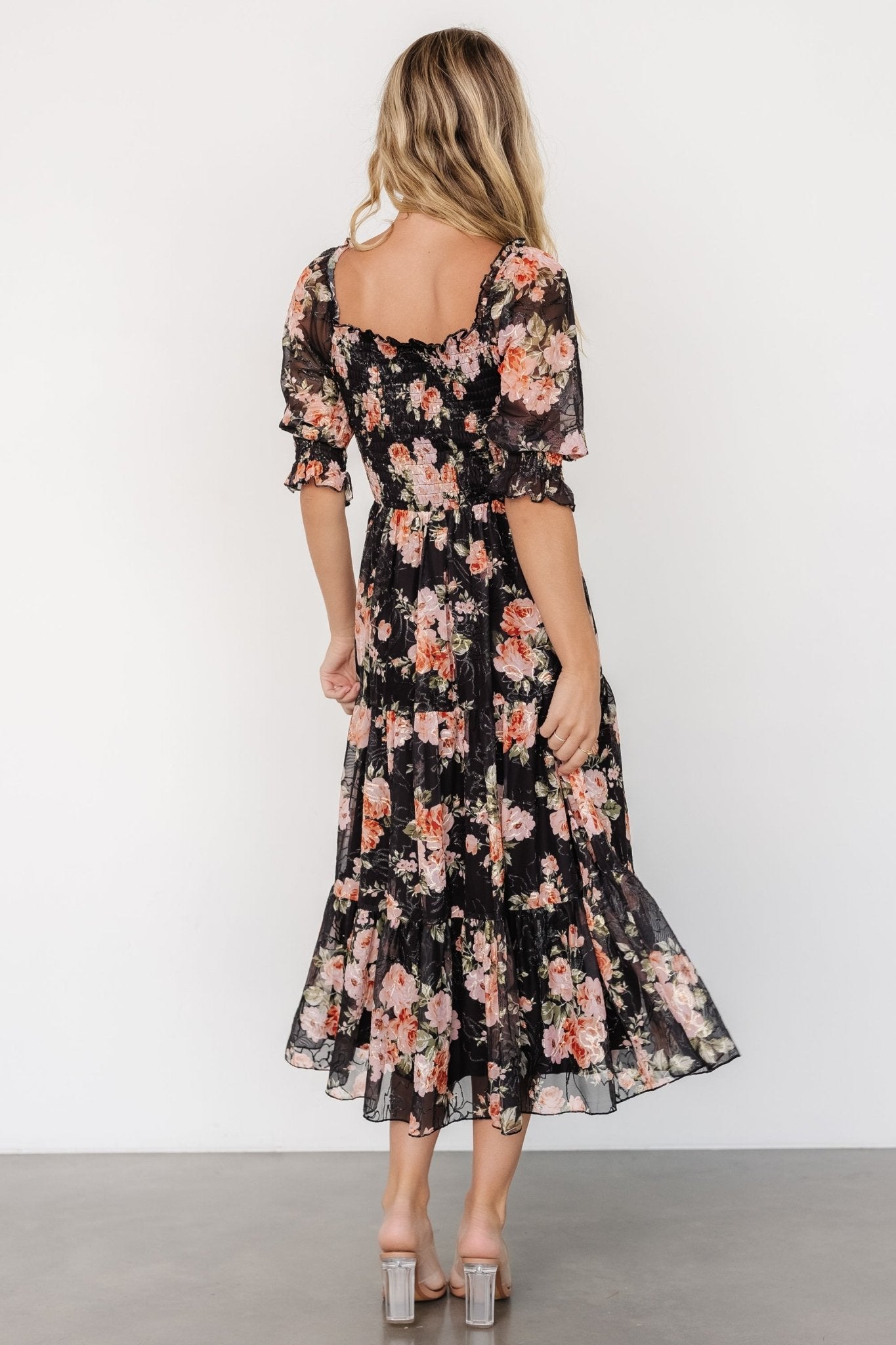 Fabian Jacquard Midi Dress | Peach + Black Floral 2025 Cheap Pice