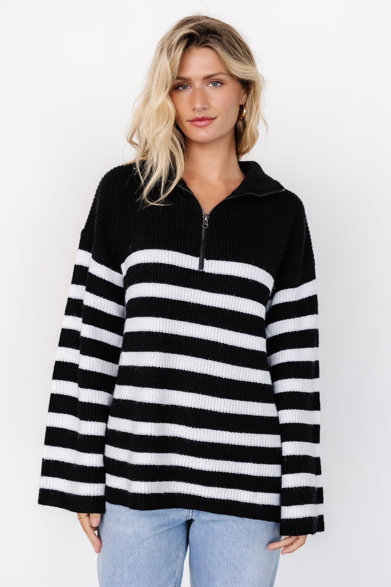 Elmer Striped Half Zip Sweater | Black + White Nicekicks Cheap Online