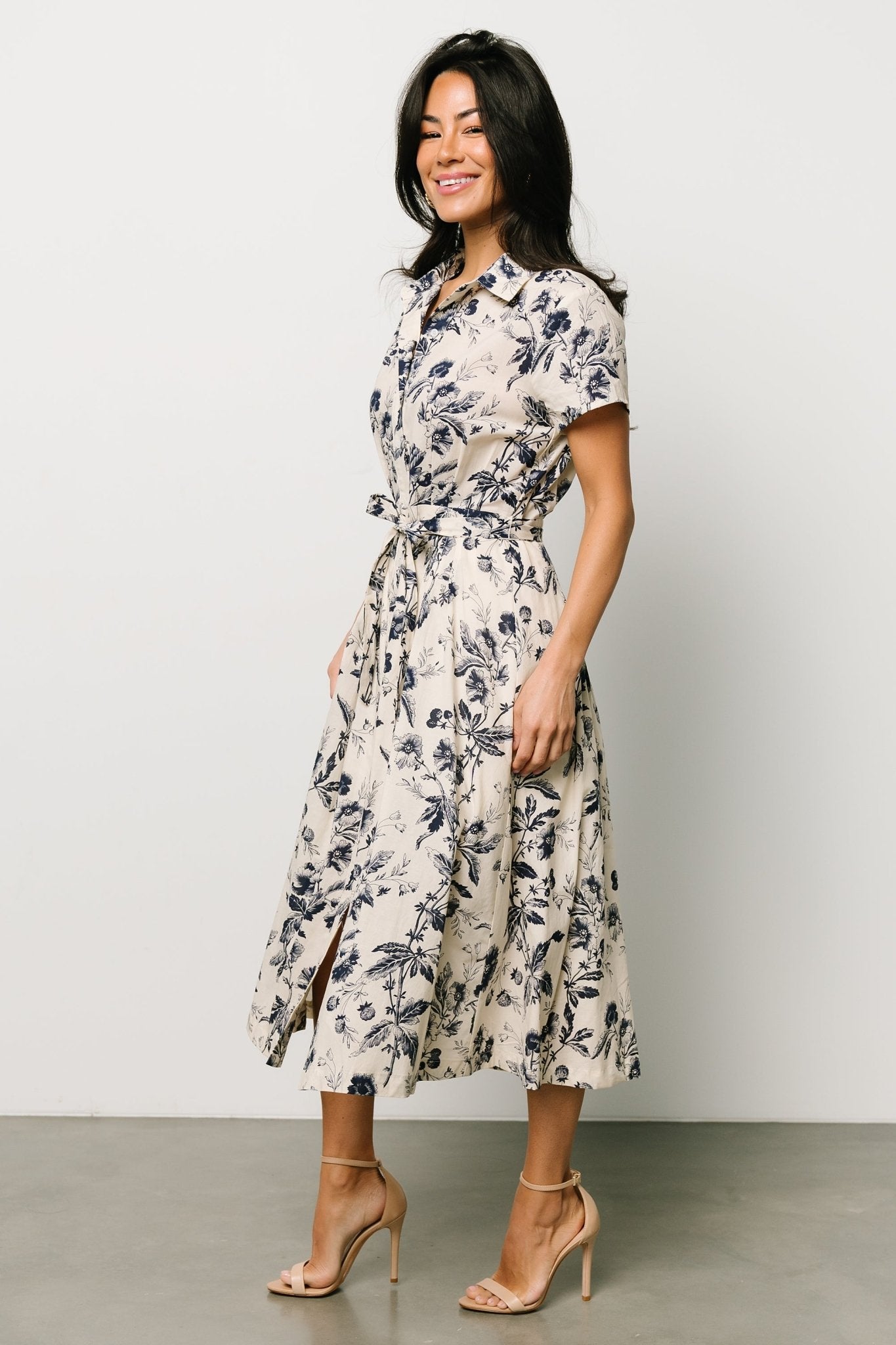 Lorna Midi Dress | Beige + Navy Print Get To Buy Sale Online