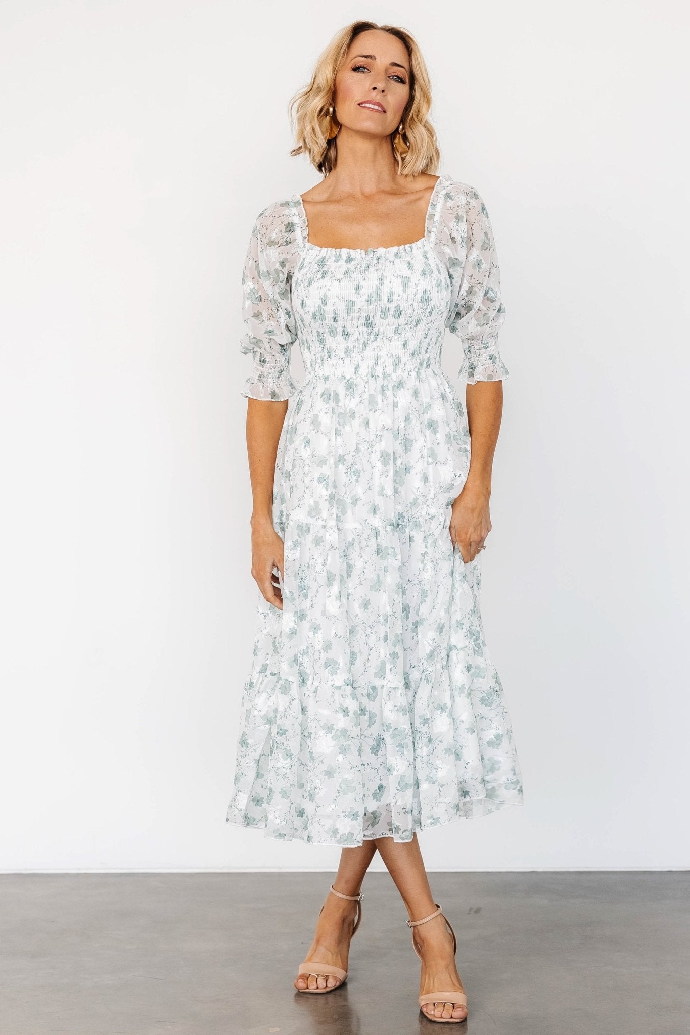 Fabian Jacquard Midi Dress | Off White + Sage Floral Best Place To Buy