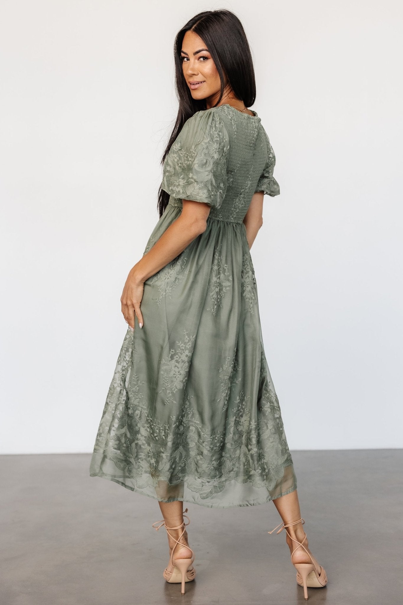 Corrine Embroidered Midi Dress | Deep Sage Outlet Deals