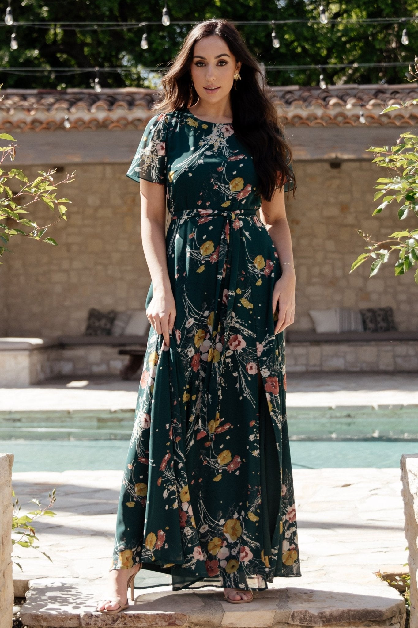 Naomi Short Sleeve Maxi Dress | Dark Green Floral Best Sale For Sale