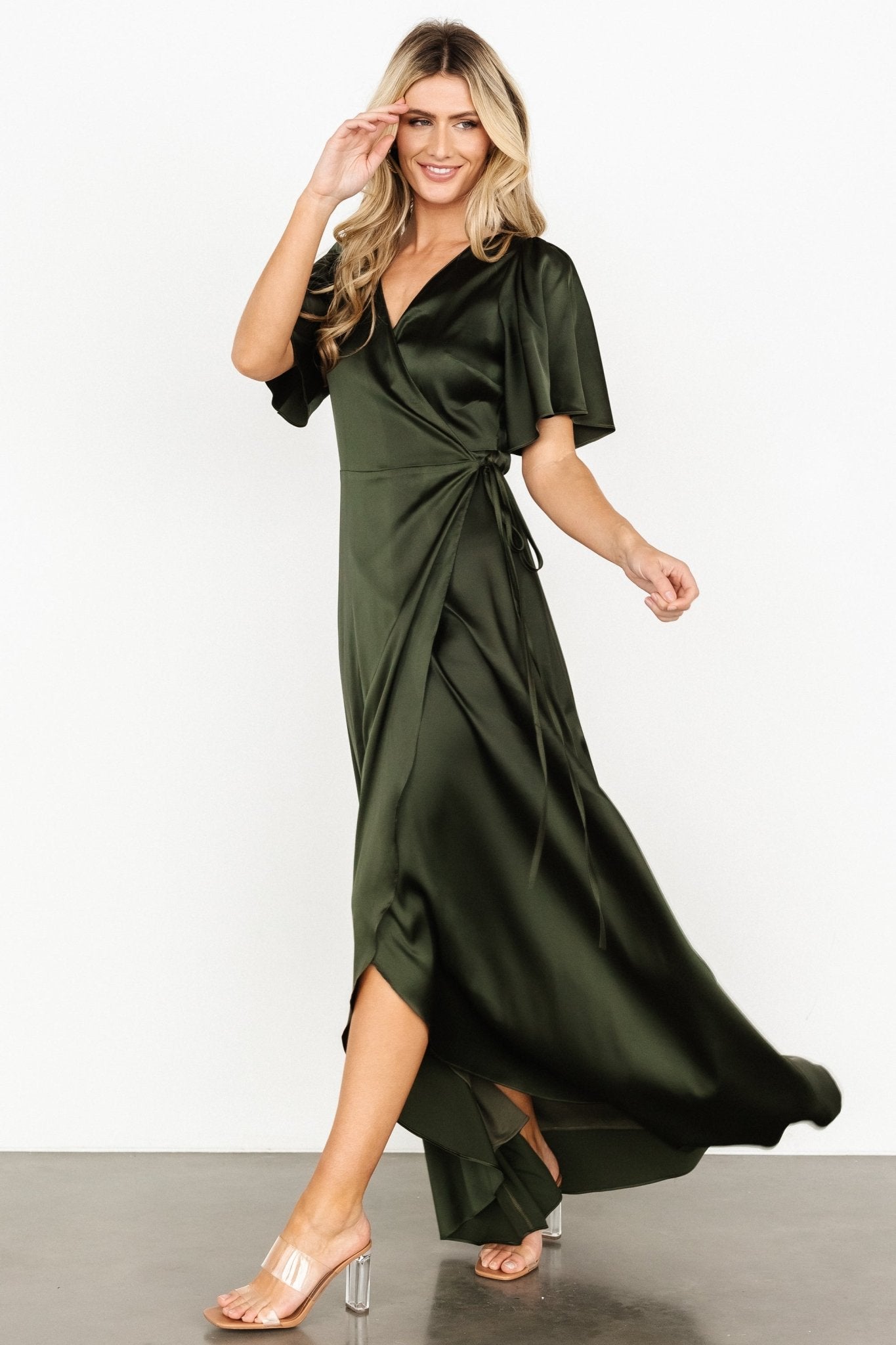 Vara Satin Maxi Wrap Dress | Dark Olive Sale Hot Sale