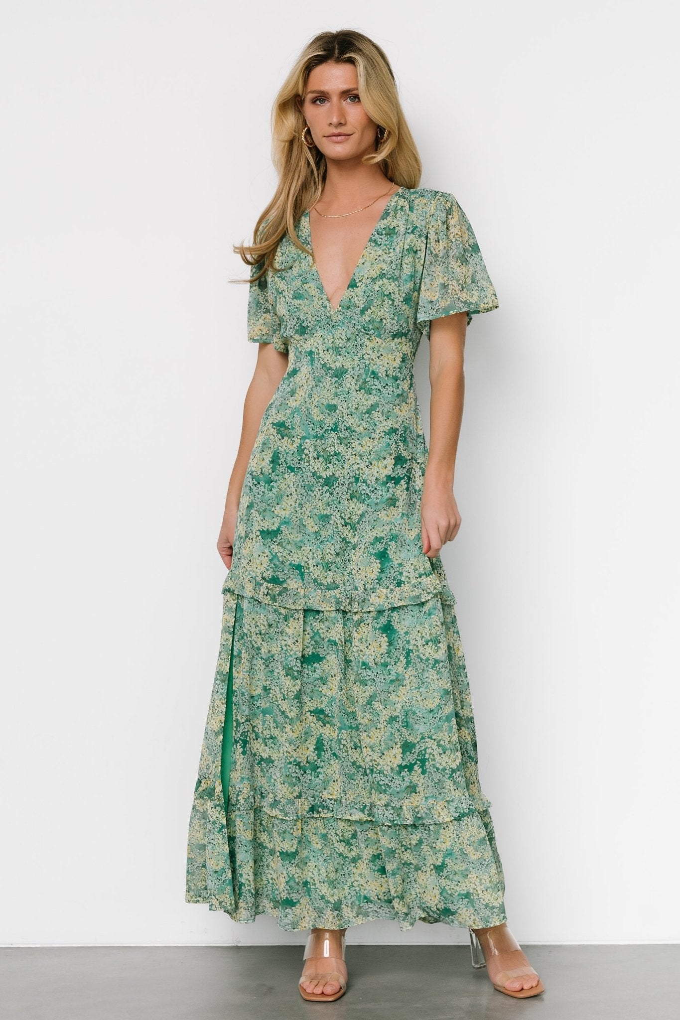 Audrey Deep V Maxi Dress | Green Floral Outlet Buy