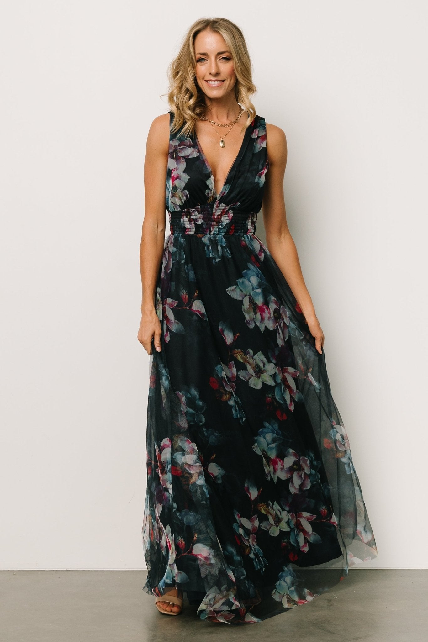 Kamila Tulle Maxi Dress | Navy Abstract Floral Visa Payment For Sale