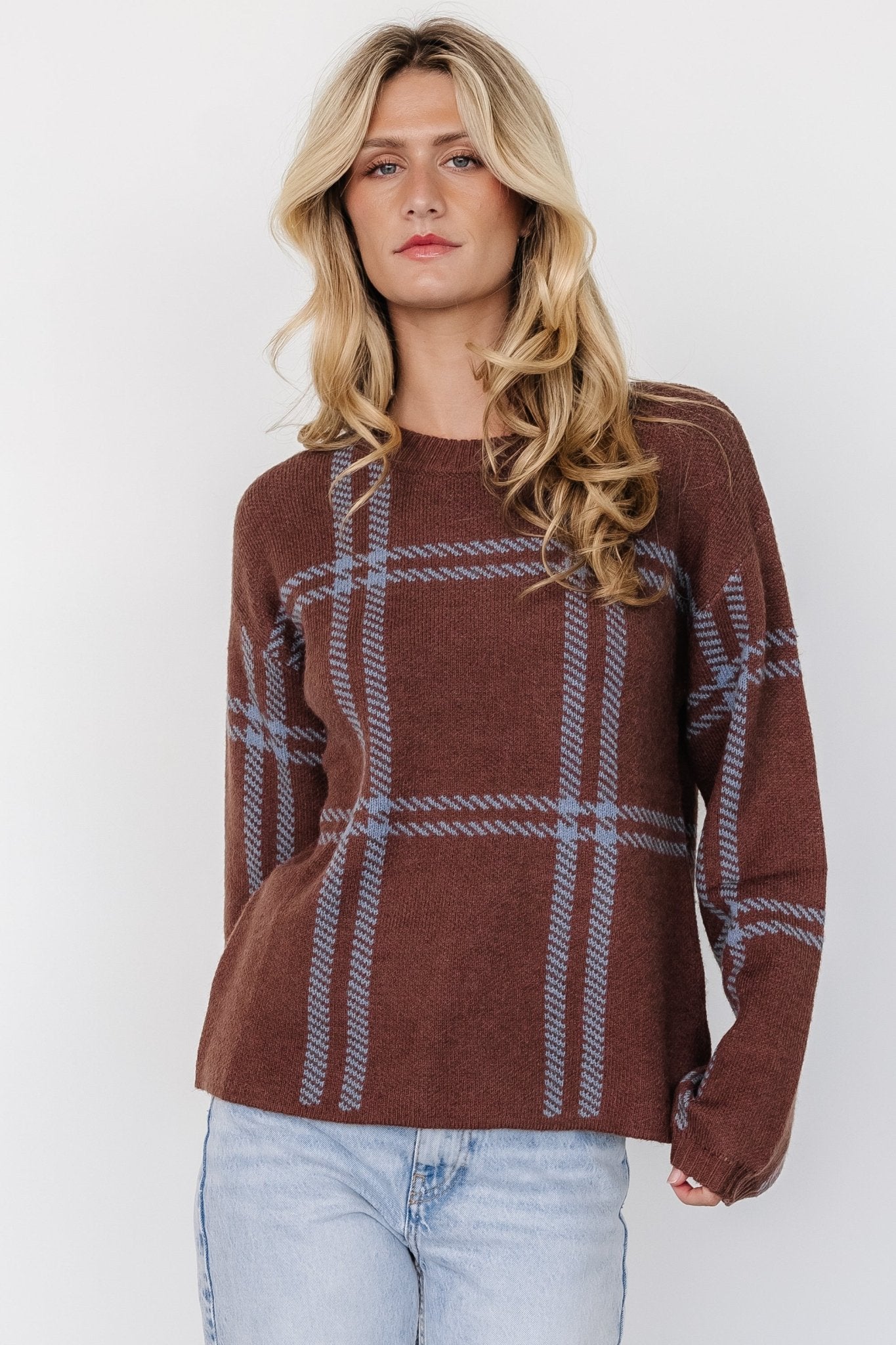 Francie Sweater | Brown + Blue Plaid Clearance Pices