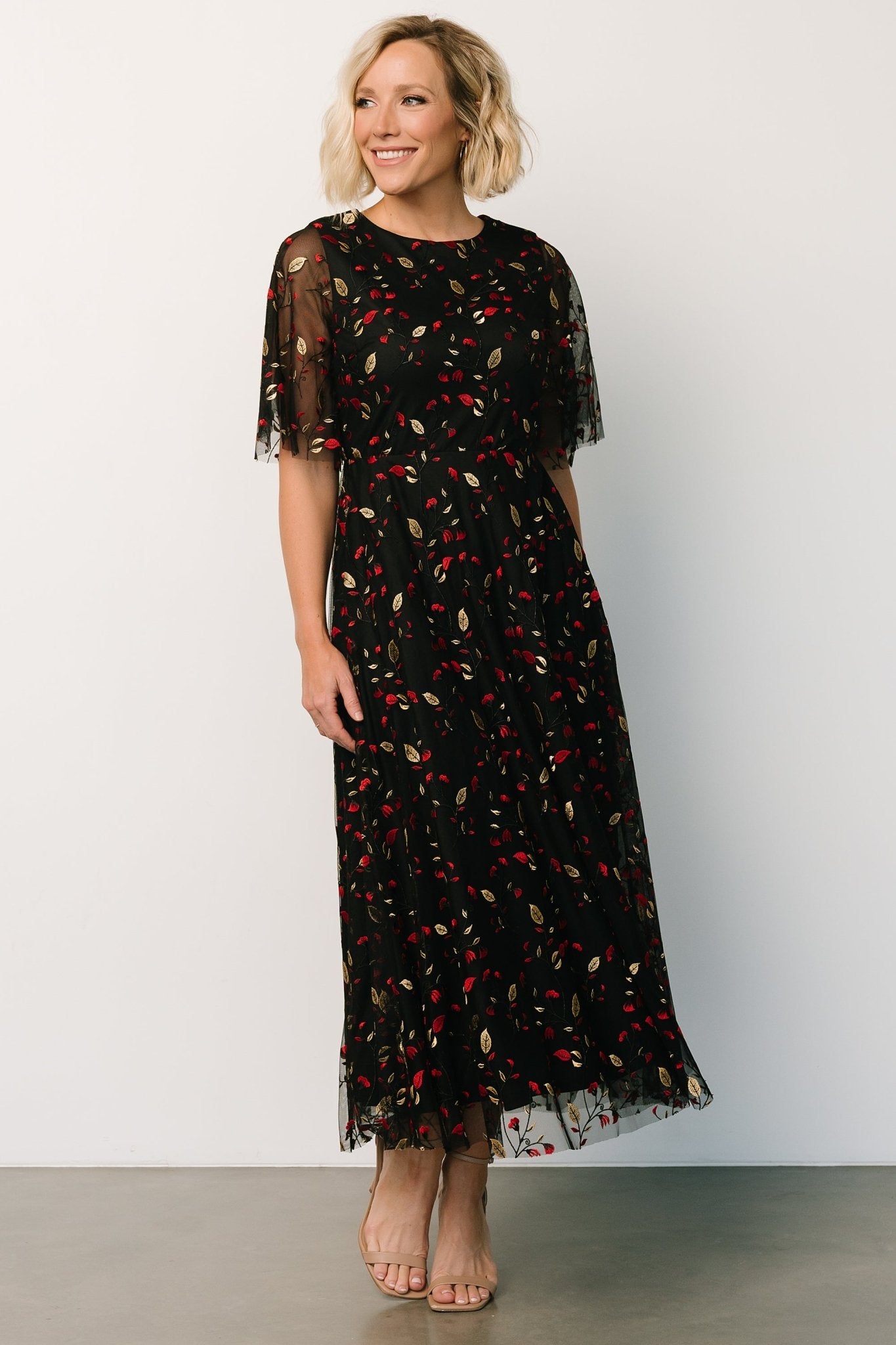 Arabella Embroidered Tulle Maxi Dress | Black + Red Pices For Sale