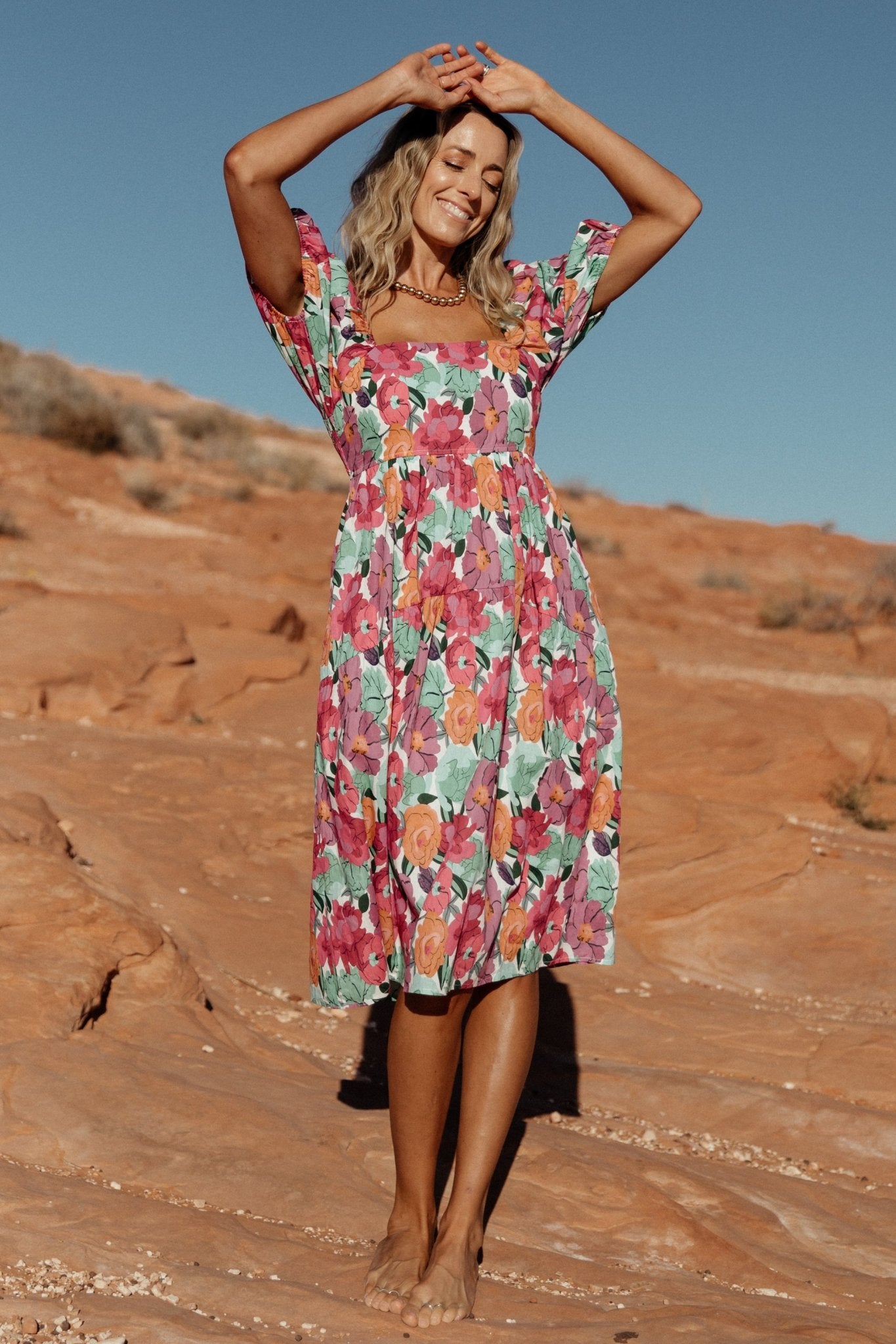 Aimee Puff Sleeve Midi Dress | Pink Multi Cheap Browse