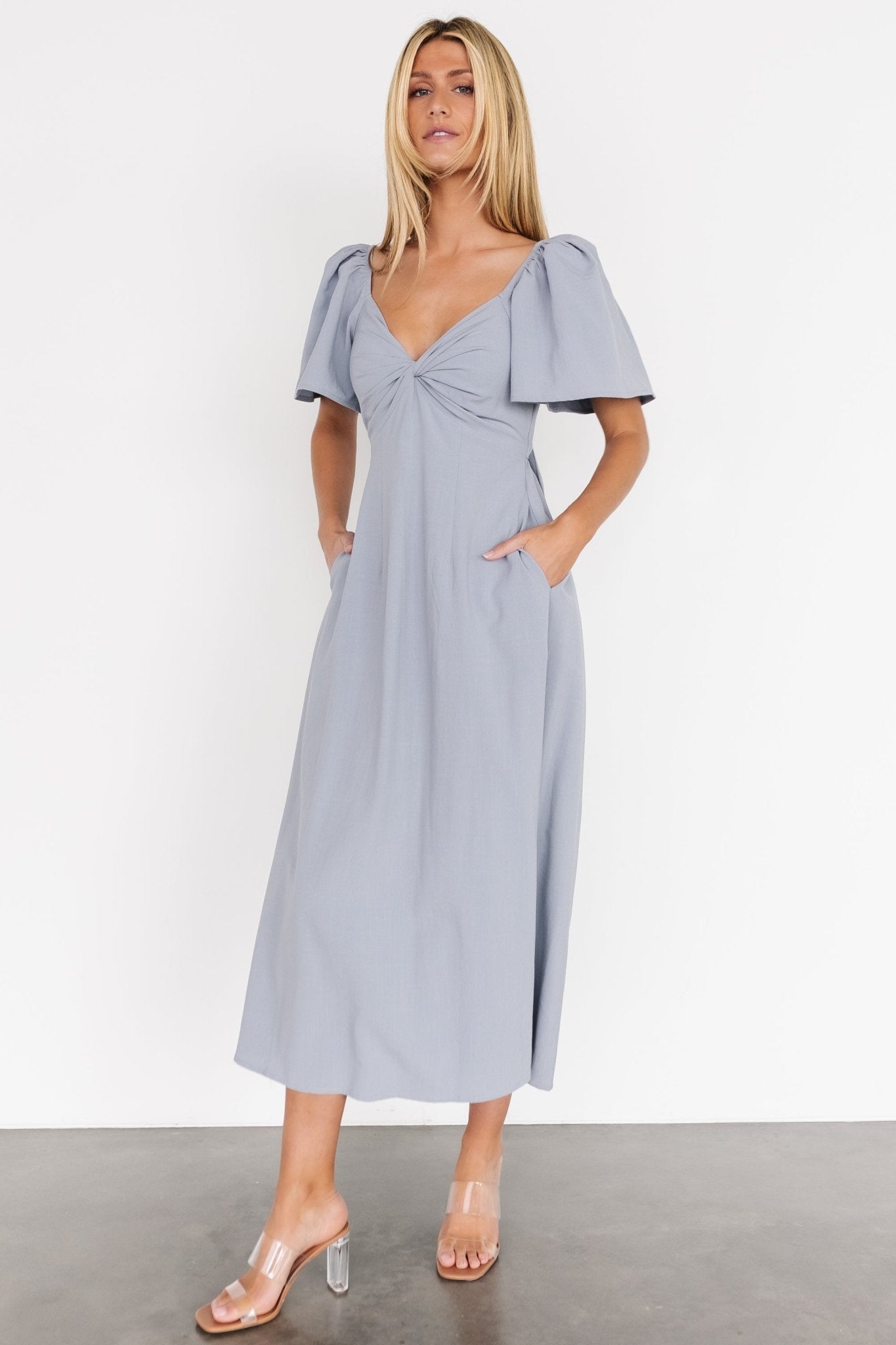 Indie Back Tie Dress | Dusty Blue Cheap Online Store Manchester