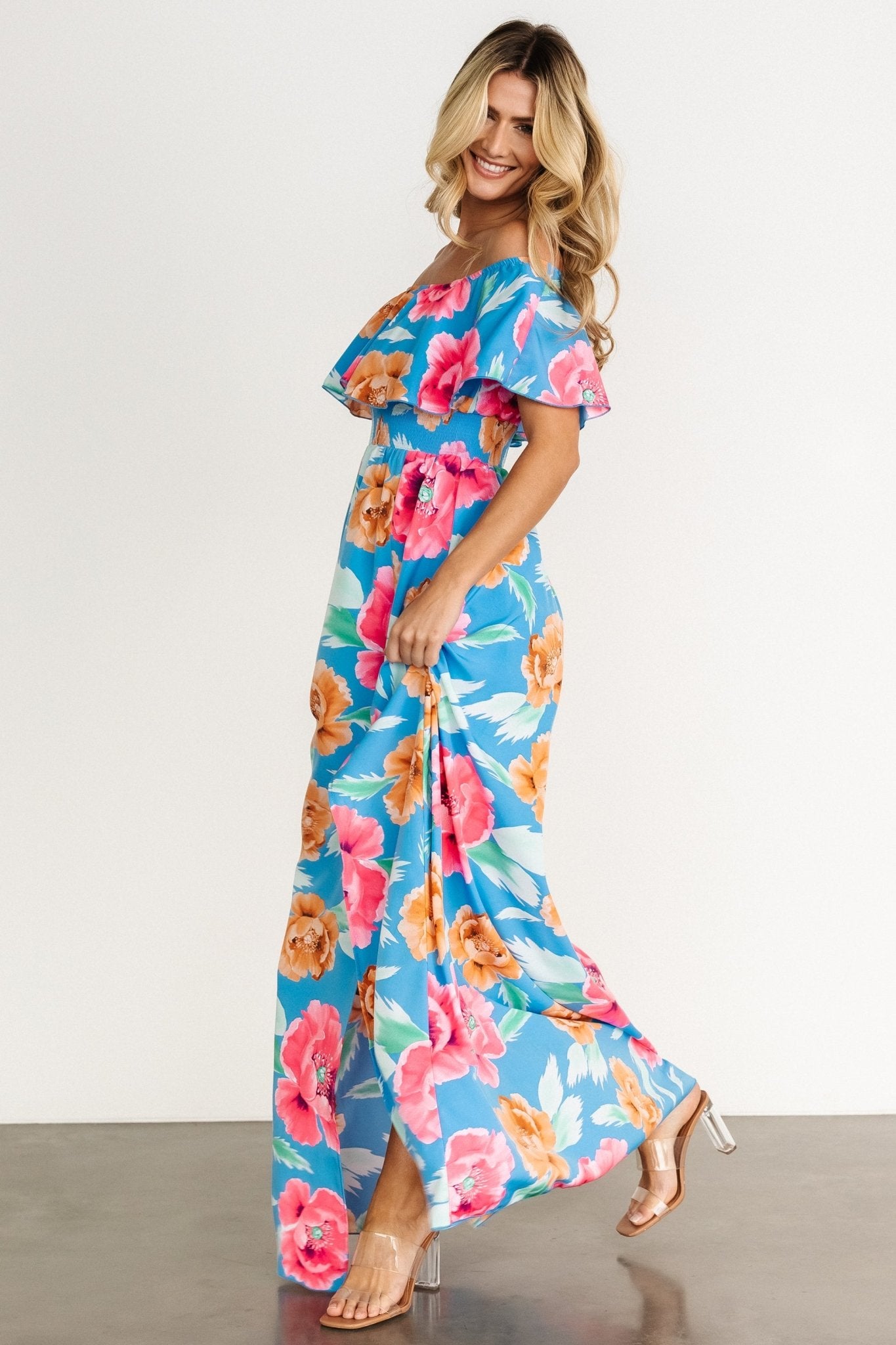 Talia Off Shoulder Maxi Dress | Sea Blue Floral Outlet Finishline