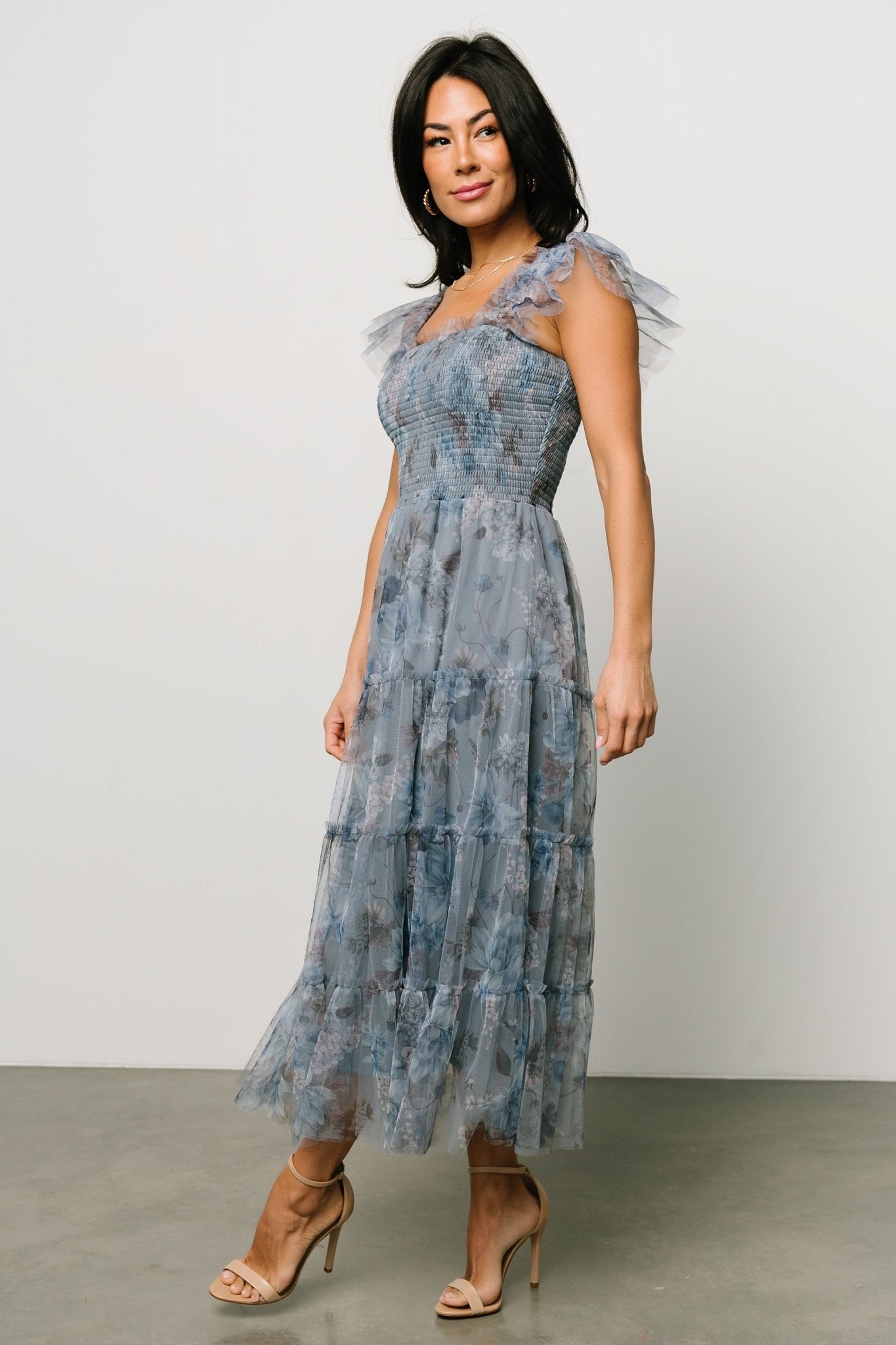 Clementine Tulle Midi Dress | Dusty Blue Floral Clearance With Mastercard