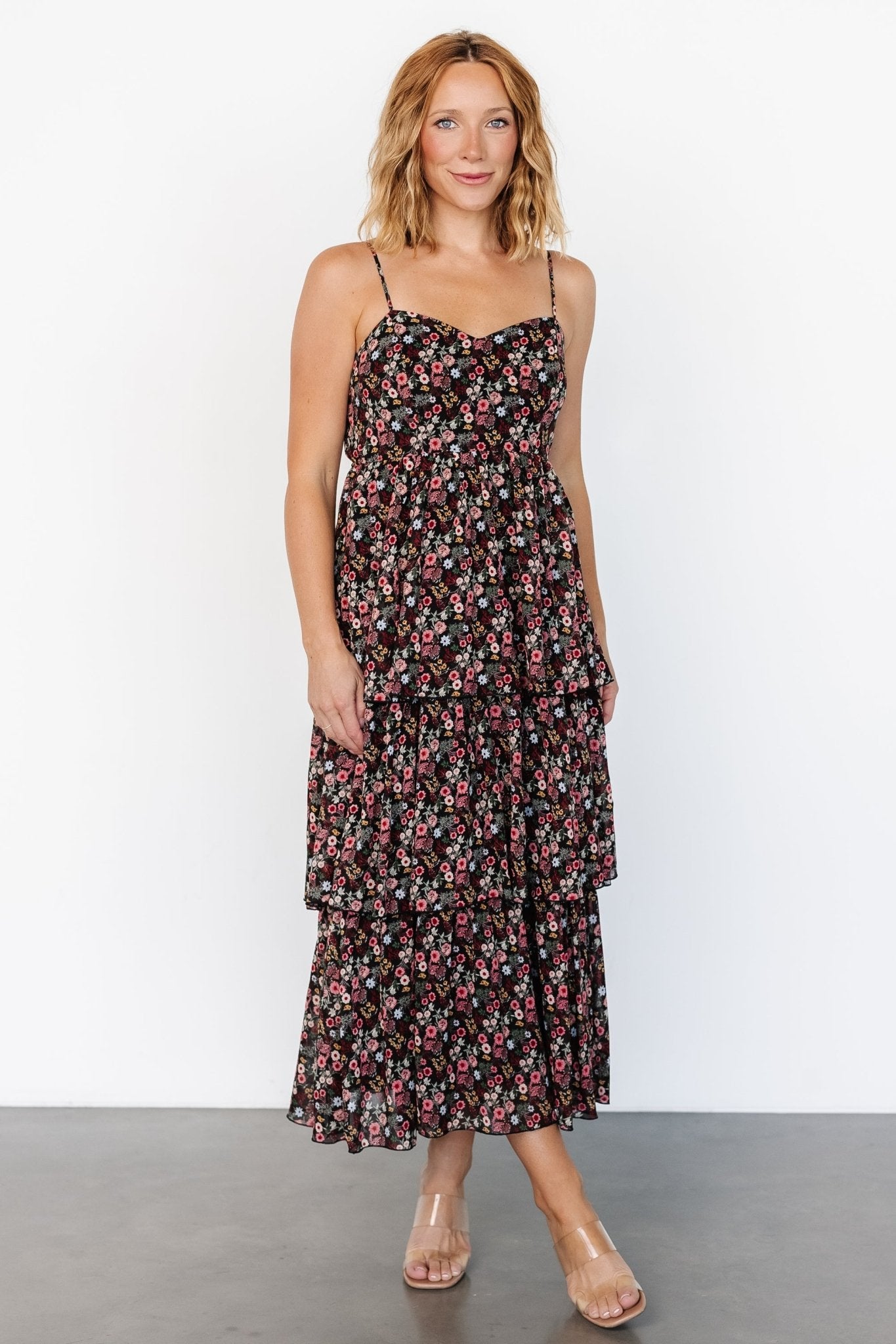 Caprice Tiered Dress | Black Floral Marketable For Sale