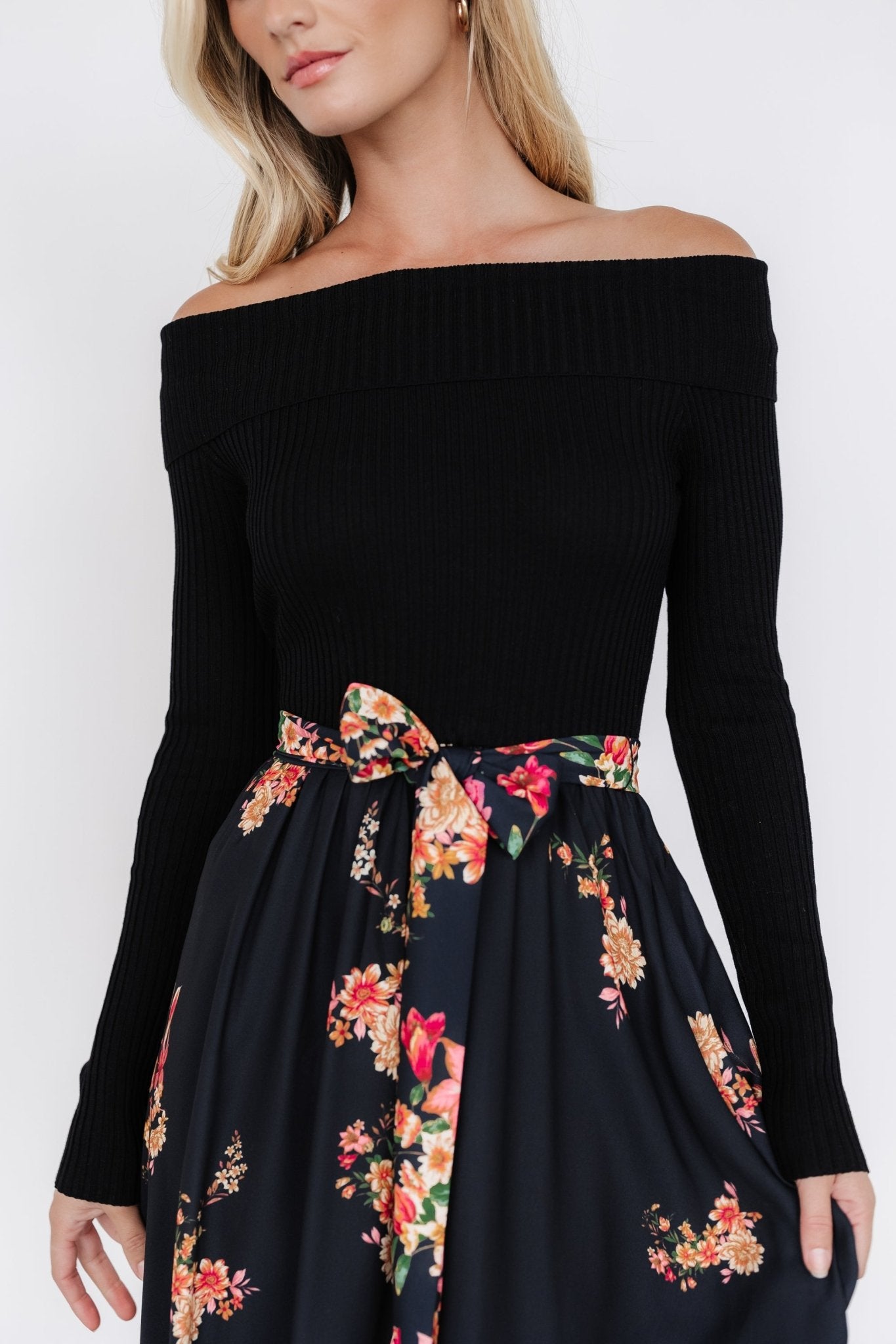 Qadira Off Shoulder Dress | Black + Multi Floral Comfortable