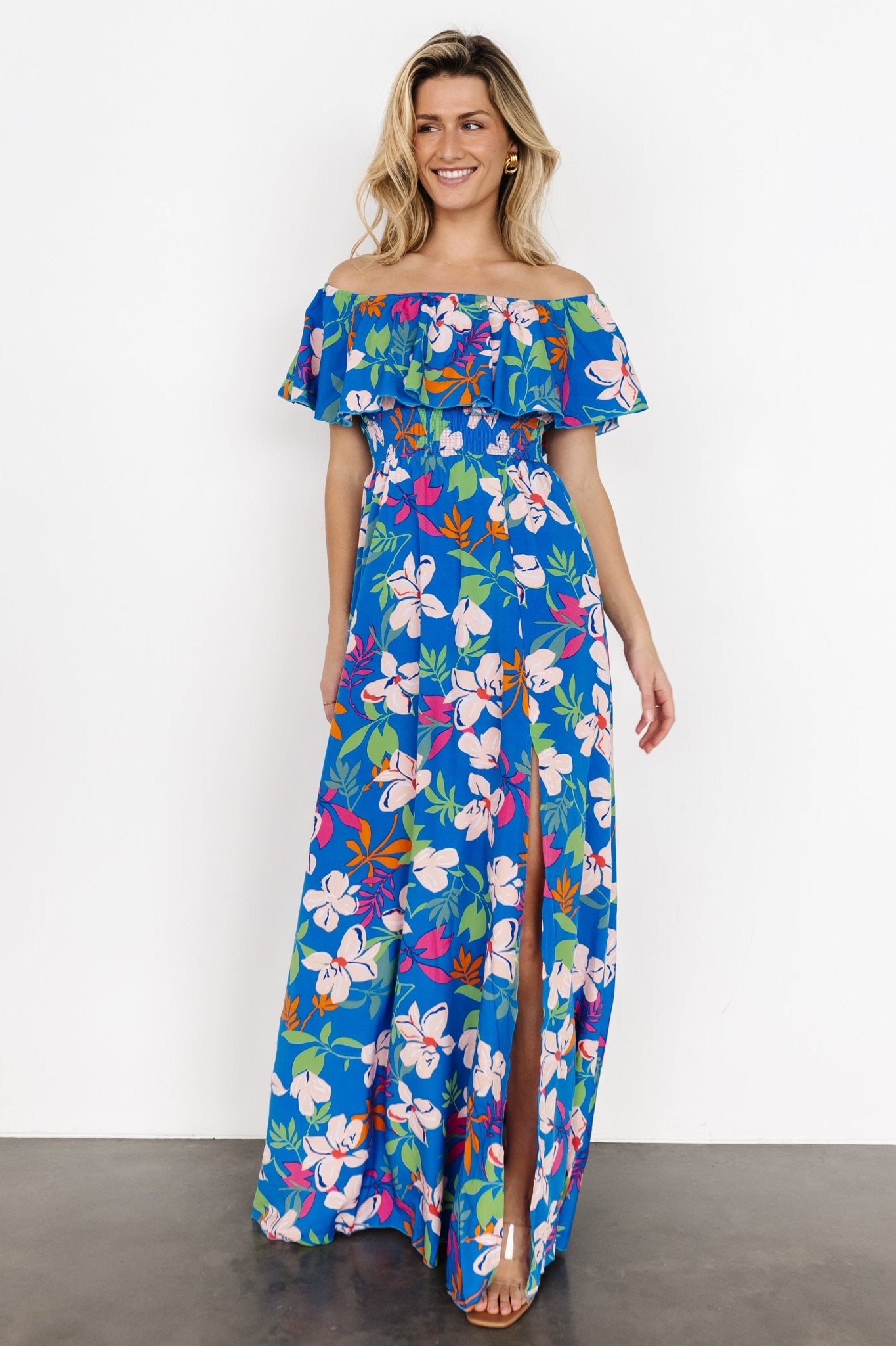 Talia Off Shoulder Maxi Dress | Blue Floral Clearance Newest