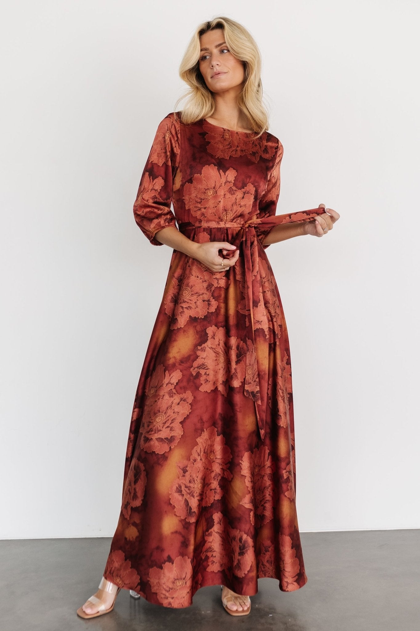 Paula Satin Maxi Dress | Terracotta Floral Outlet Affordable