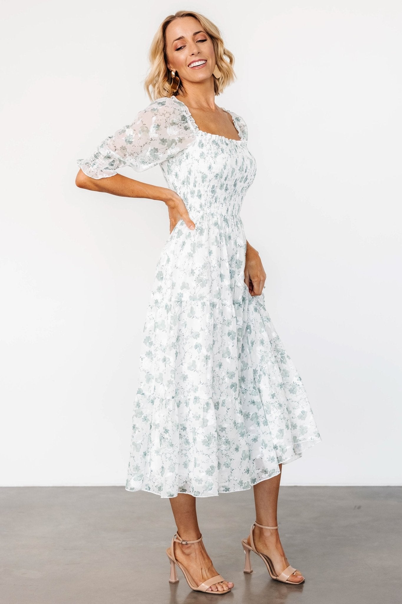 Fabian Jacquard Midi Dress | Off White + Sage Floral Best Place To Buy