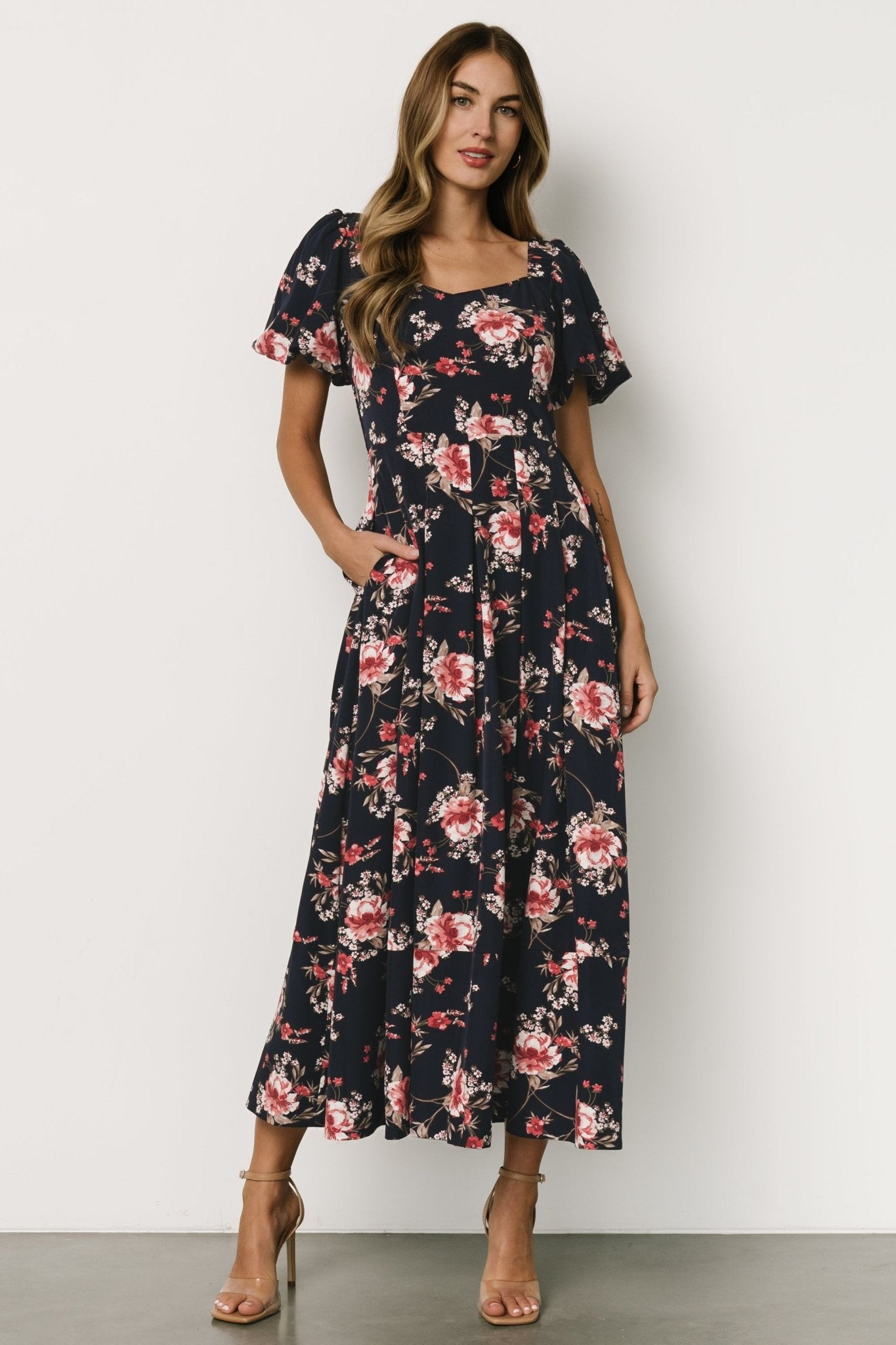 Greta Pleated Maxi Dress | Navy + Pink Floral Sale Purchase