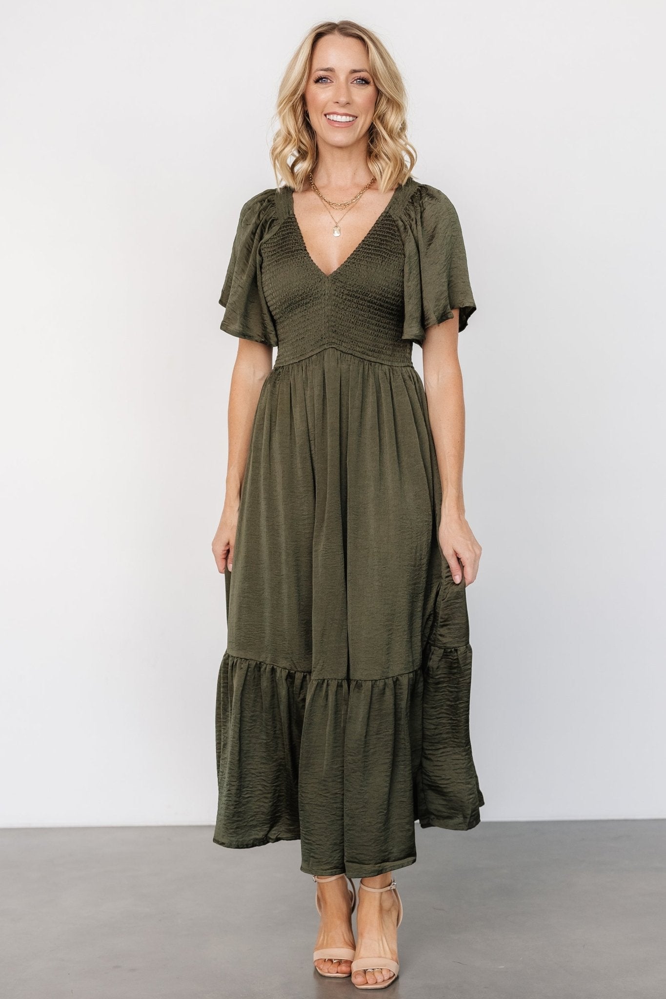 Lovell Smocked Midi Dress | Deep Olive Clearance Eastbay