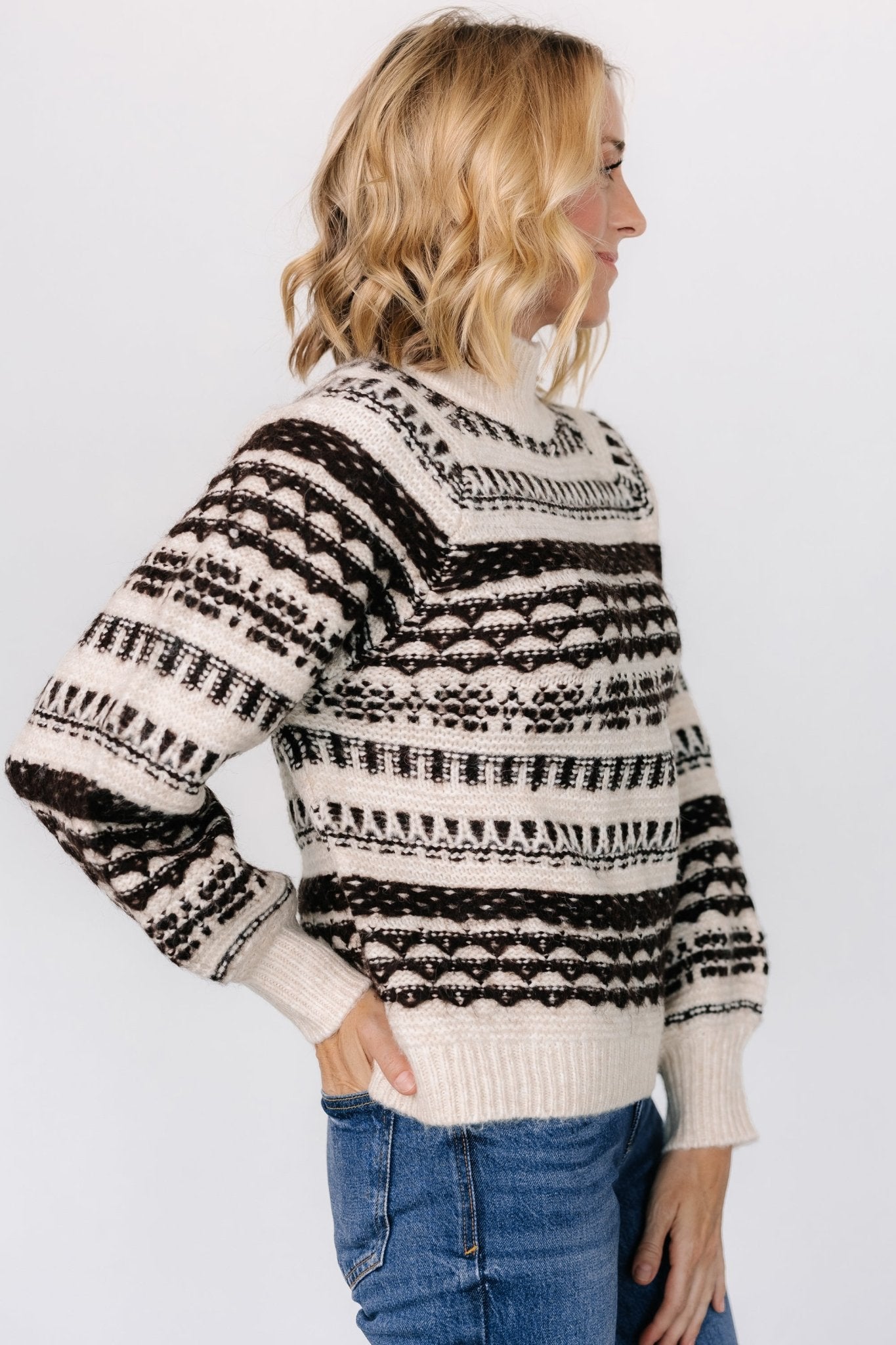 Guadalupe Mock Neck Sweater | Ivory + Chocolate Outlet Shop