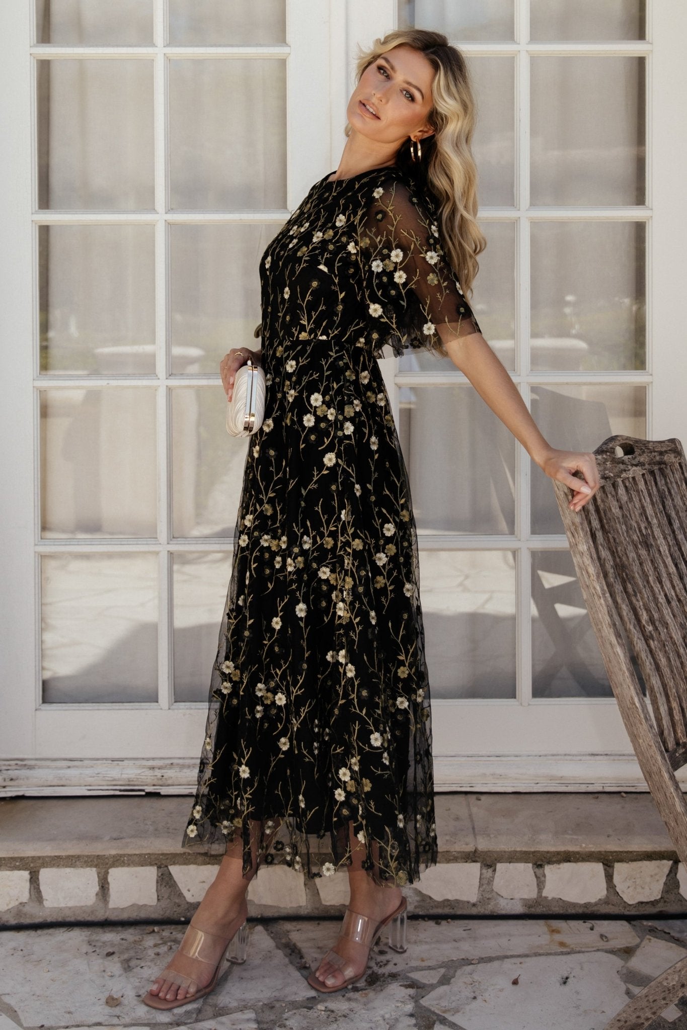 Arabella Embroidered Tulle Maxi Dress | Gold + Black Buy Cheap Hot Sale