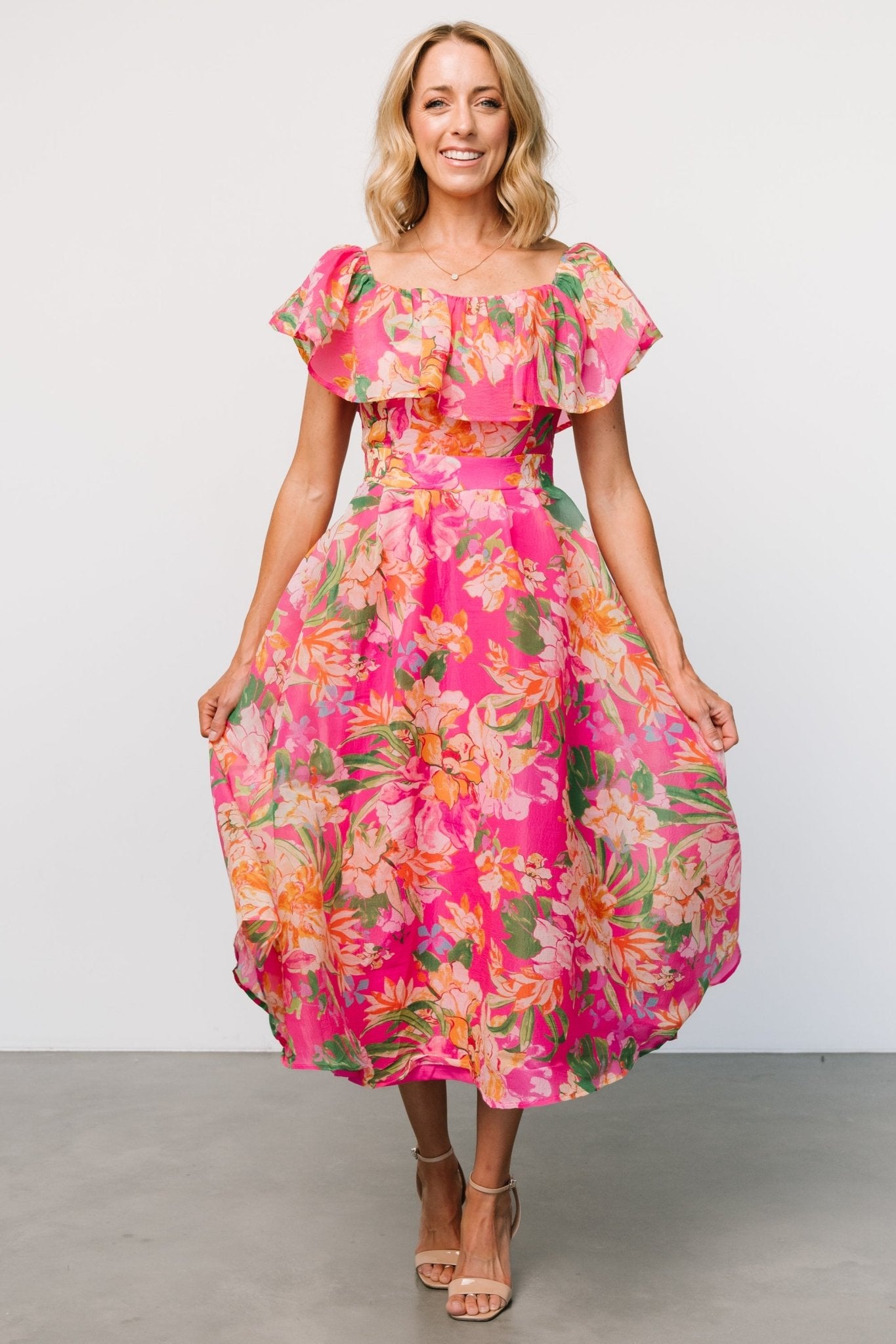 Kartini Off Shoulder Midi Dress | Fuchsia Multi Buy Cheap Big Sale