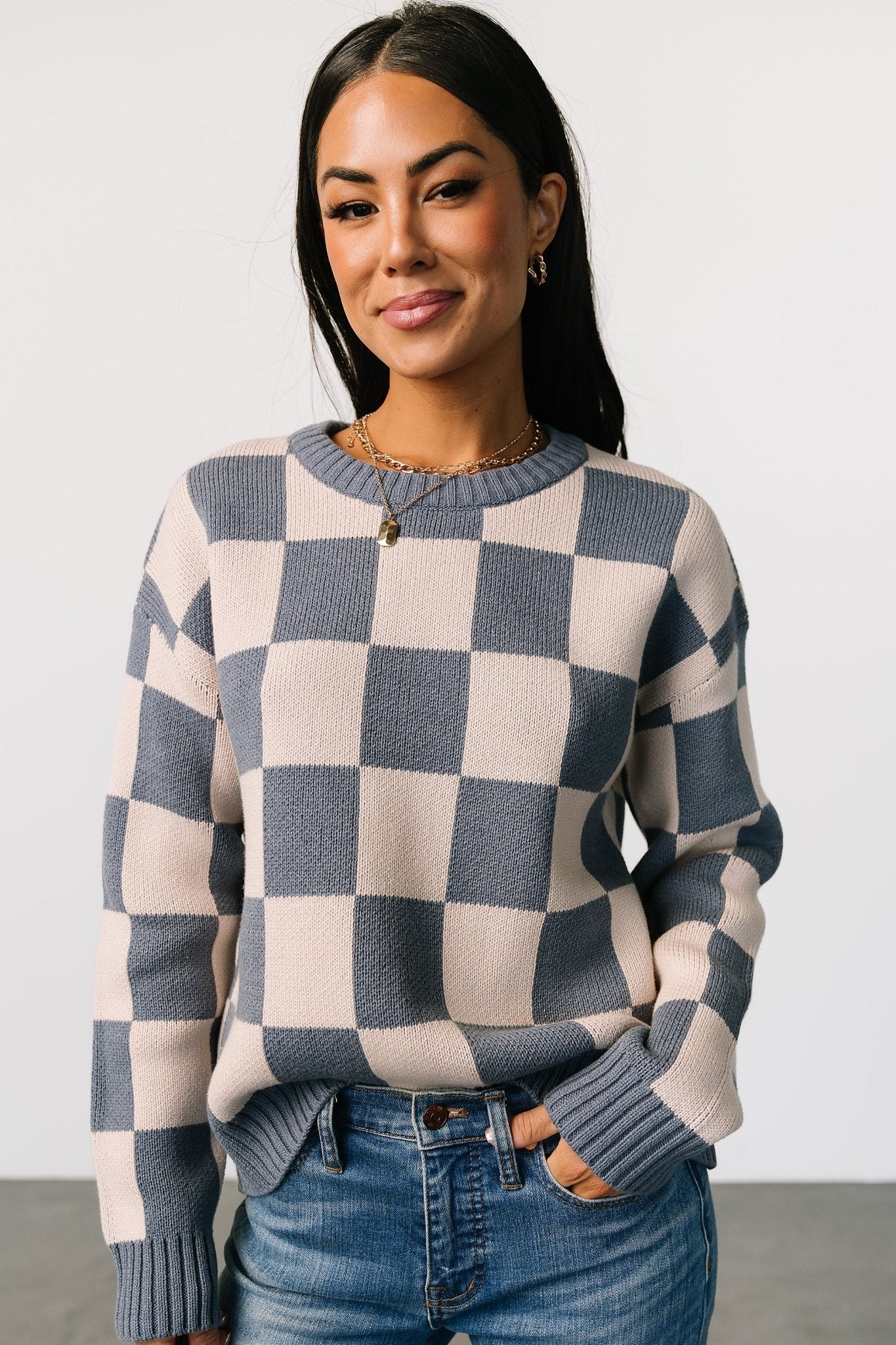 Quincy Checkered Sweater | Blue Clearance Explore