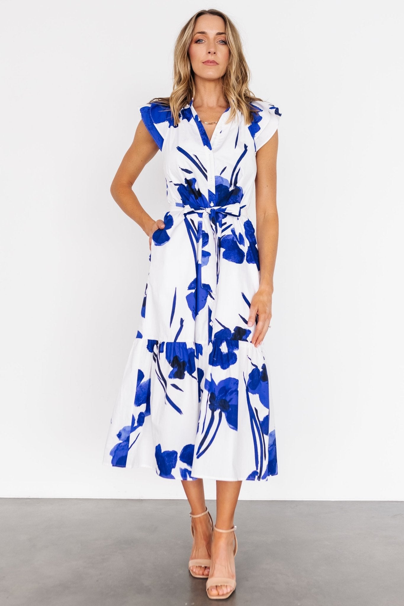 Blakely Button Dress | White + Cobalt Best Wholesale For Sale